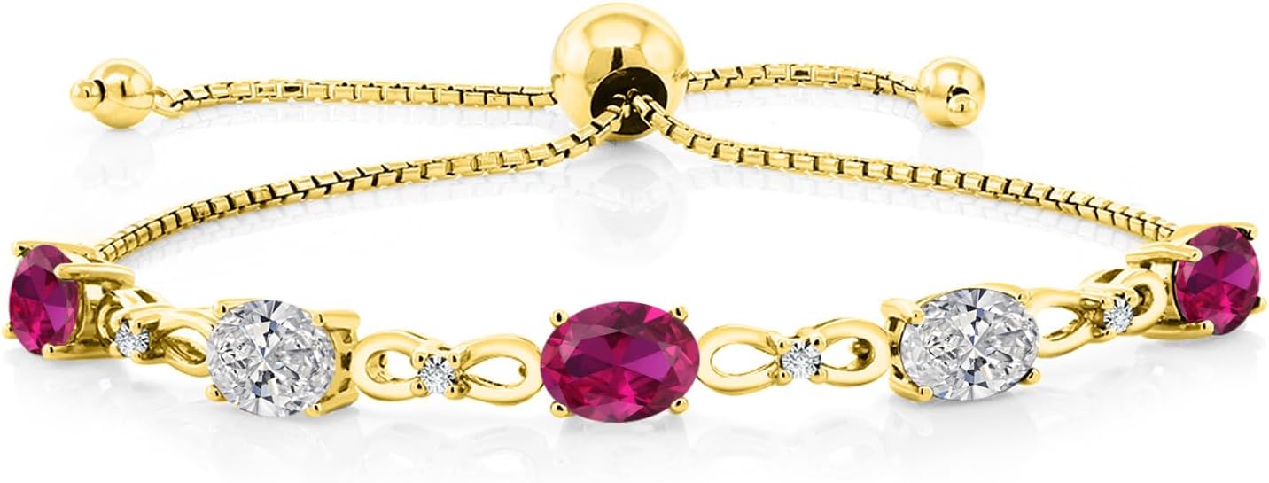 Gem Stone King 7X5MM Oval Cut Gemstone Birthstone and Lab Grown Diamond Tennis Bracelet For Women In 18K Yellow Gold Plated Silver | Adjustable Bolo Bracelet For Women | Easy-On Easy-Off