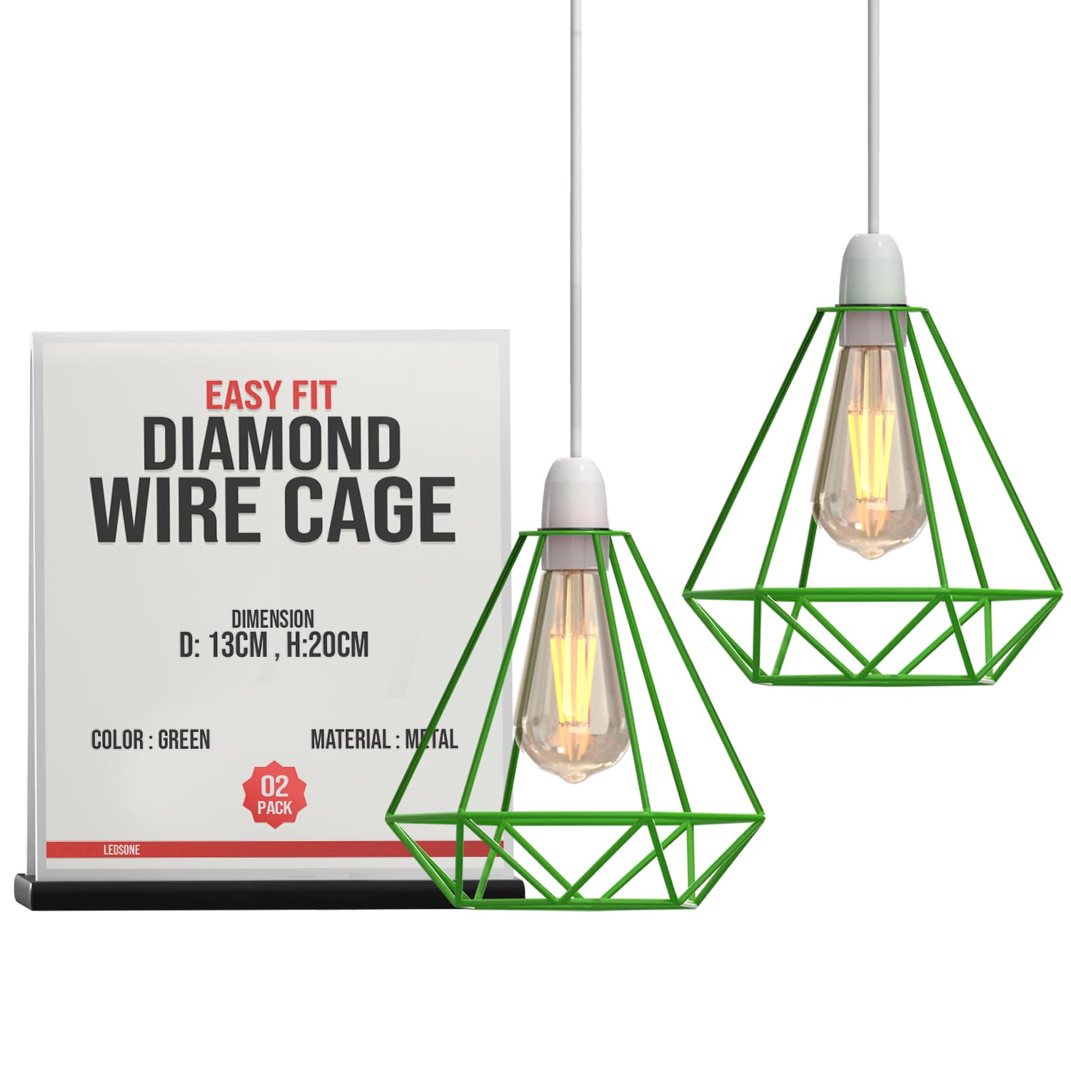 LEDSONE Modern Geometric Diamond Pendant Lampshade - Metal Wire Cage, Black, 14.5x20cm, Ideal for Living Room, Kitchen, Restaurant, Office (Green 2 Pack)