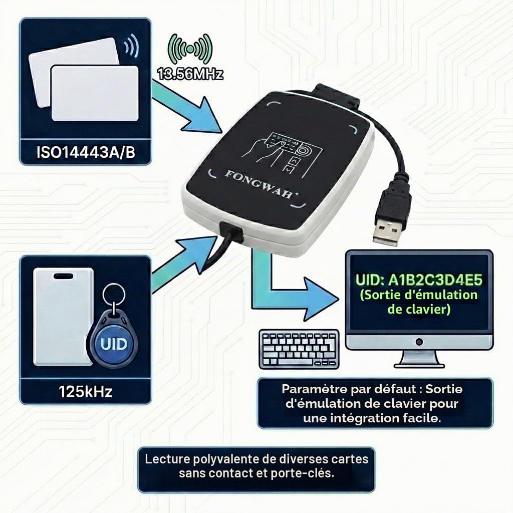 Fongwah Lecteur de Cartes RFID IC et ID de Bureau S7-EU-00-02, Sortie d'émulation Clavier, Prend en Charge Les Cartes ISO14443A/S50 et Les Cartes d'identité 125 kHz