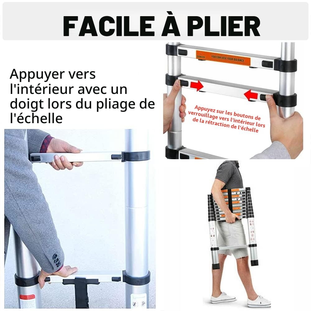 Échelle télescopique antidérapante en acier inoxydable de 3,2 m avec 11 échelons, capacité de charge de 150 kg