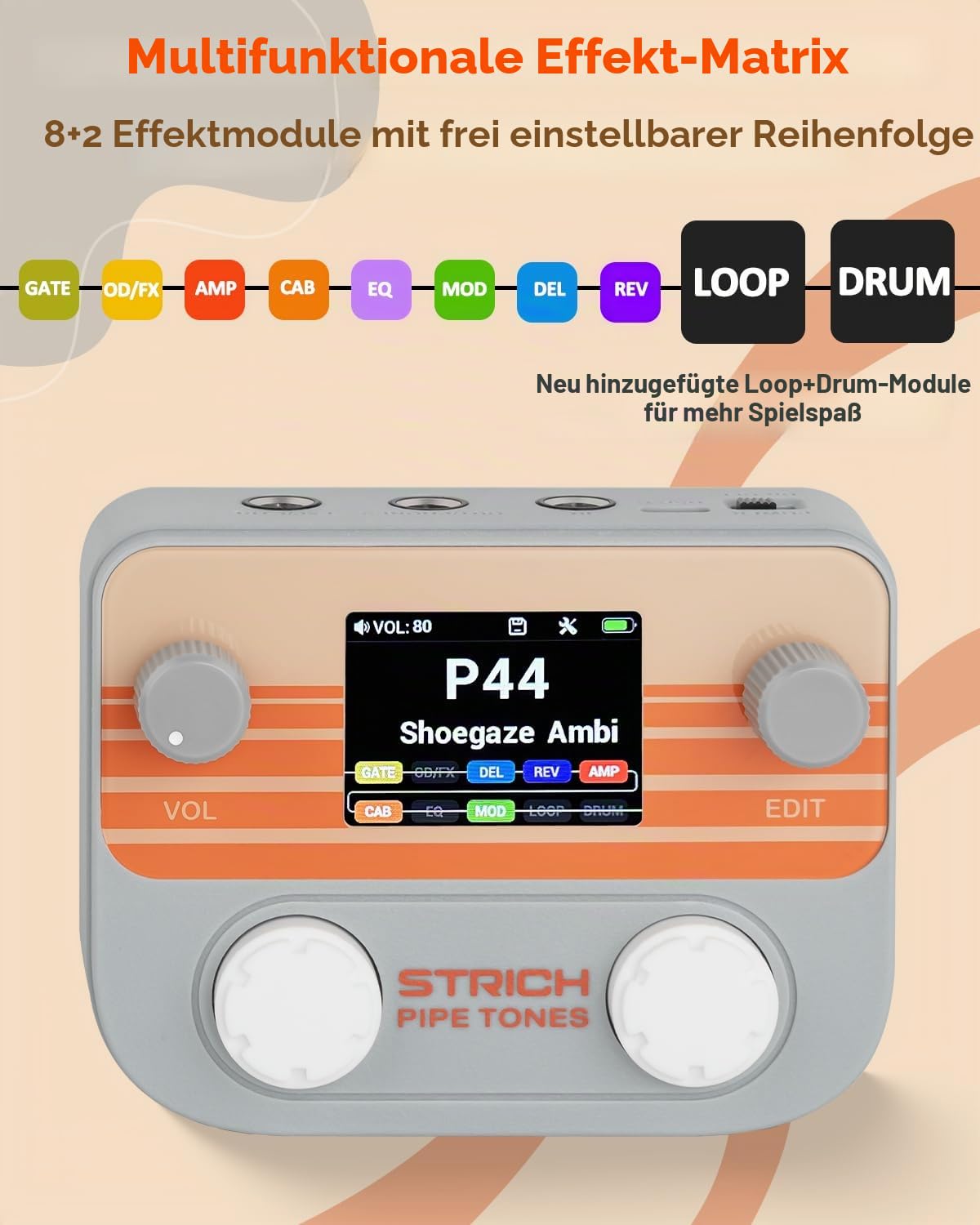 STRICH Pipe Tones Pocket Multi-Effekt Prozessor für Gitarre und Bass, 10 Effektmodule, 125 Effekte, 40s Looper, 100 Drum Patterns, USB Audio Interface, Wireless Control (Grau)