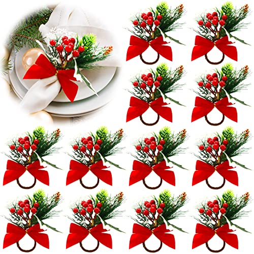 Skyley Set Of 12 Christmas Napkin Rings Farmhouse Holly Berry Napkin Holder Xmas Handmade Bow Tie Serviette Rings For Christmas Table Decoration, Wedding, Parties #TOP13