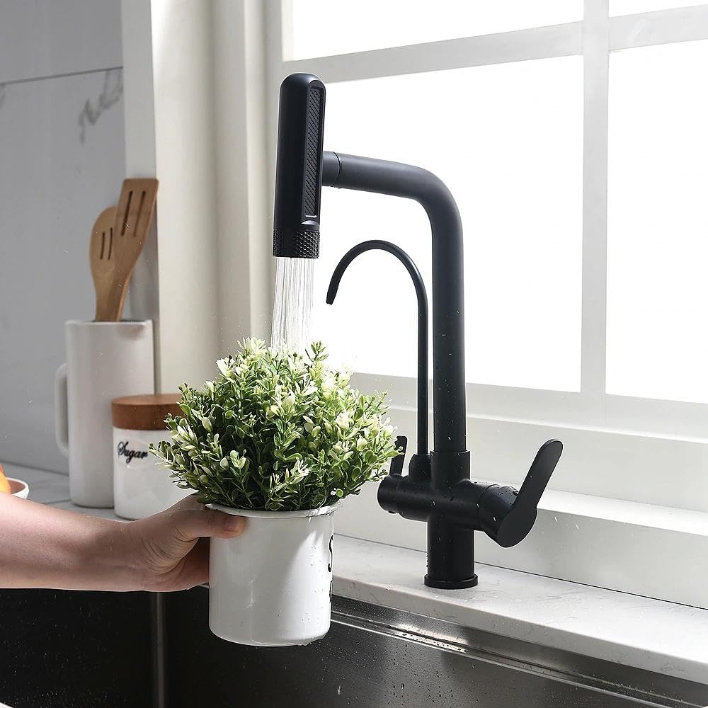 Grifo de 3 vías para purificador negro con ducha extraíble, giratorio 360°, compatible con filtro de cascara/RO, mezclador de fregadero de cocina de doble salida para agua potable y caliente/fría