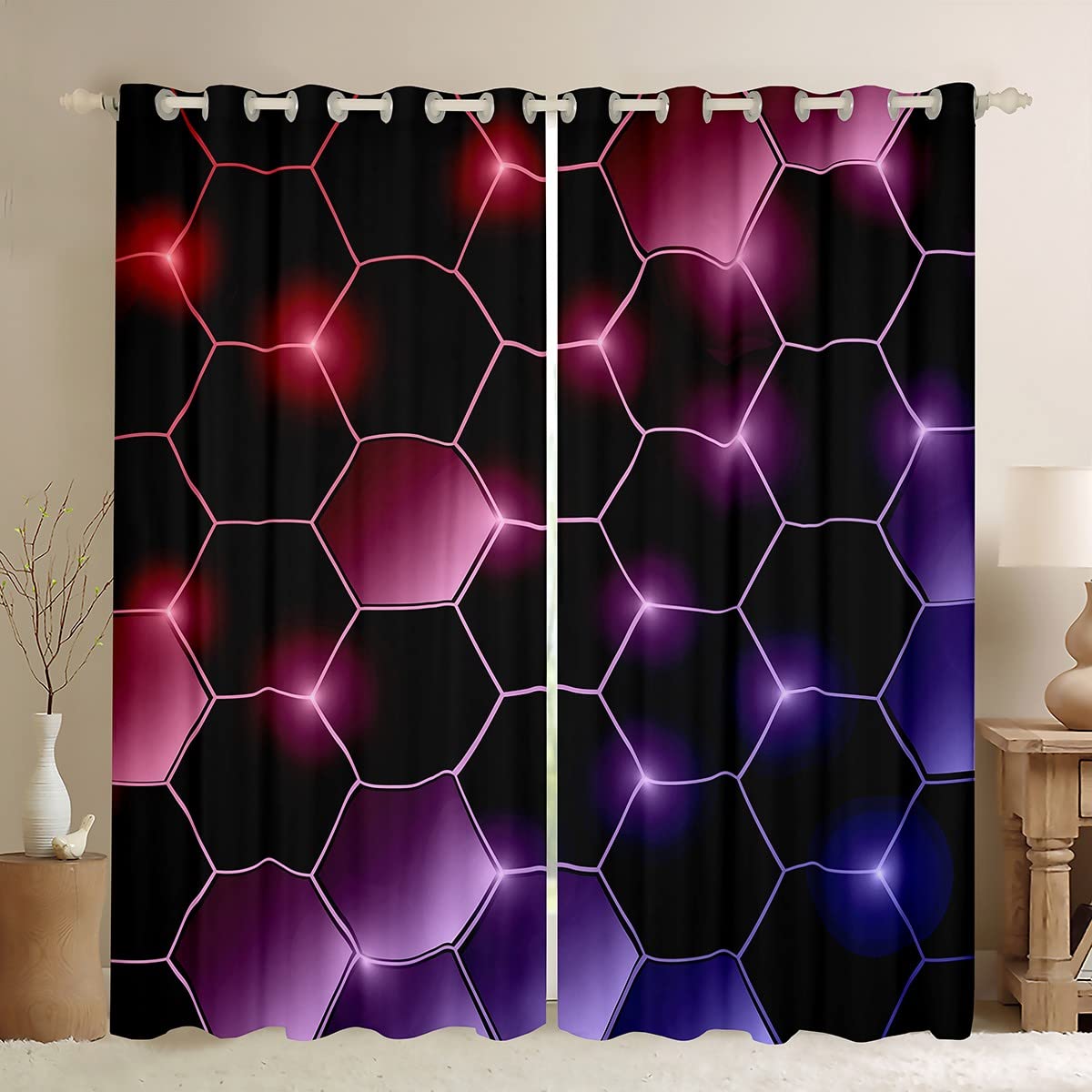 Homemissing Boys Multicolored 13214 Honeycomb Curtains For Bedroom Abstract Hexagonal Window Treatment Red Purple Gradient Window Drapes Geometric Window Draperies For Kids Girls Adults W46*L54