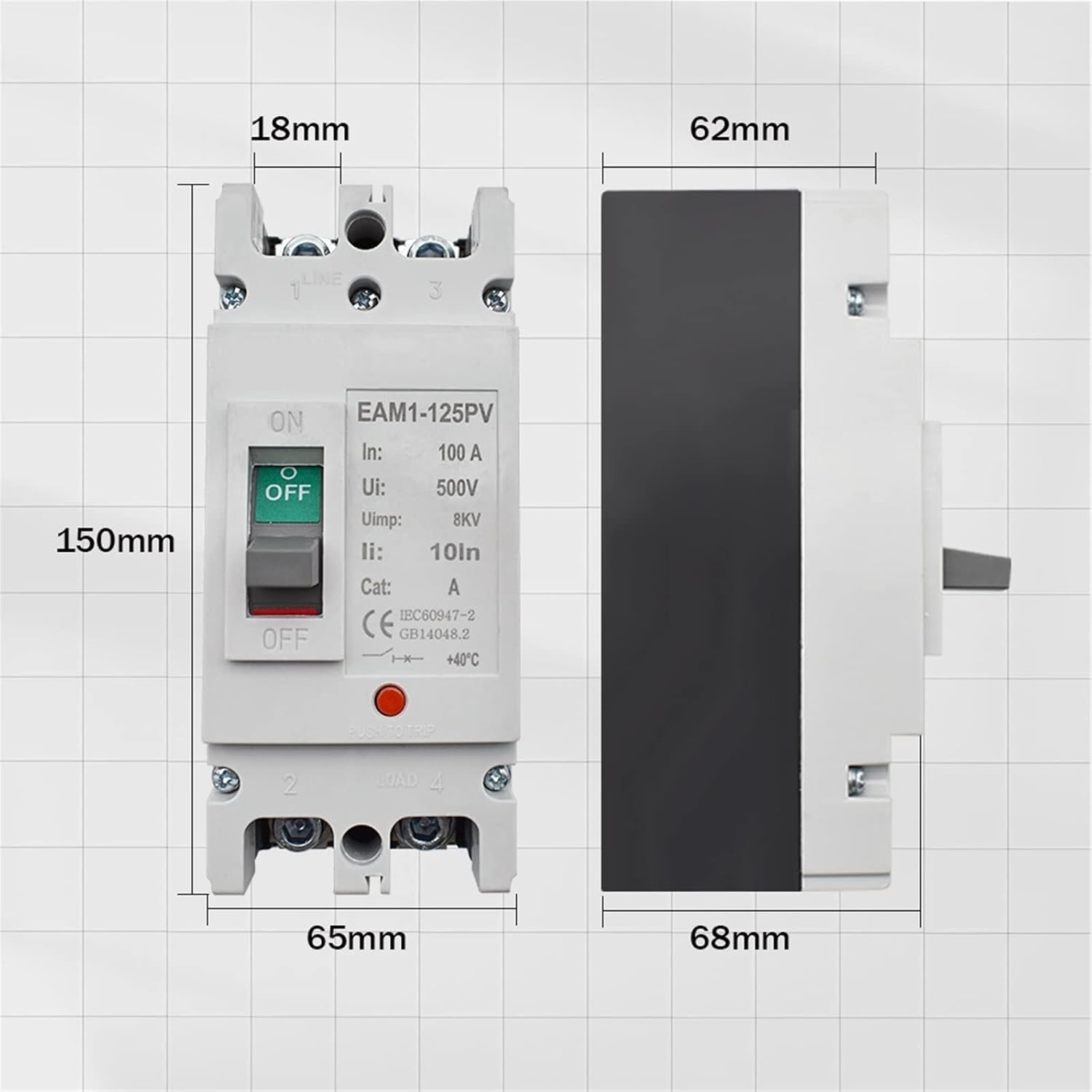 2P DC500V 63-1250A DC Solar Molded Case Circuit Breaker MCCB Overload Protection Switch Protector for Solar Photovoltaic PV 1Pcs (Color : 2P DC500V, Size : 63A)