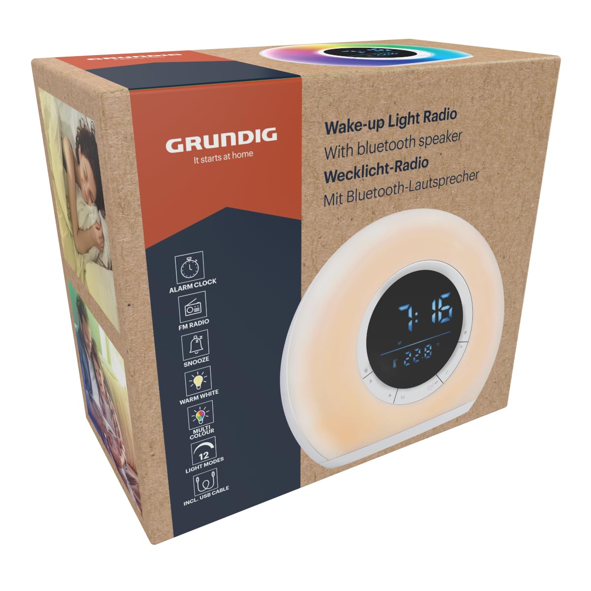 Grundig budzik świetlny, podłączony budzik z radiem i Bluetooth, lampa z wyświetlaczem LED, lampka nocna, kolor biały