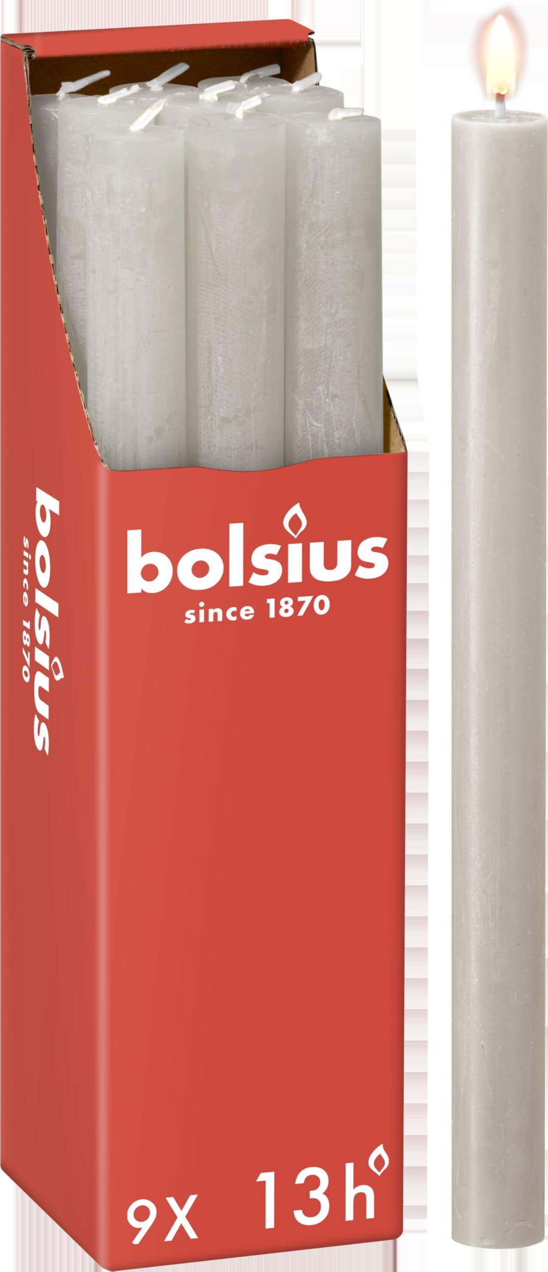Bolsius - Rustykalne świece – jasnoszare – 9 sztuk – 27 x 2,3 cm – długość palenia 13 godzin – bezzapachowe – zawierają naturalny wosk roślinny – bez oleju palmowego