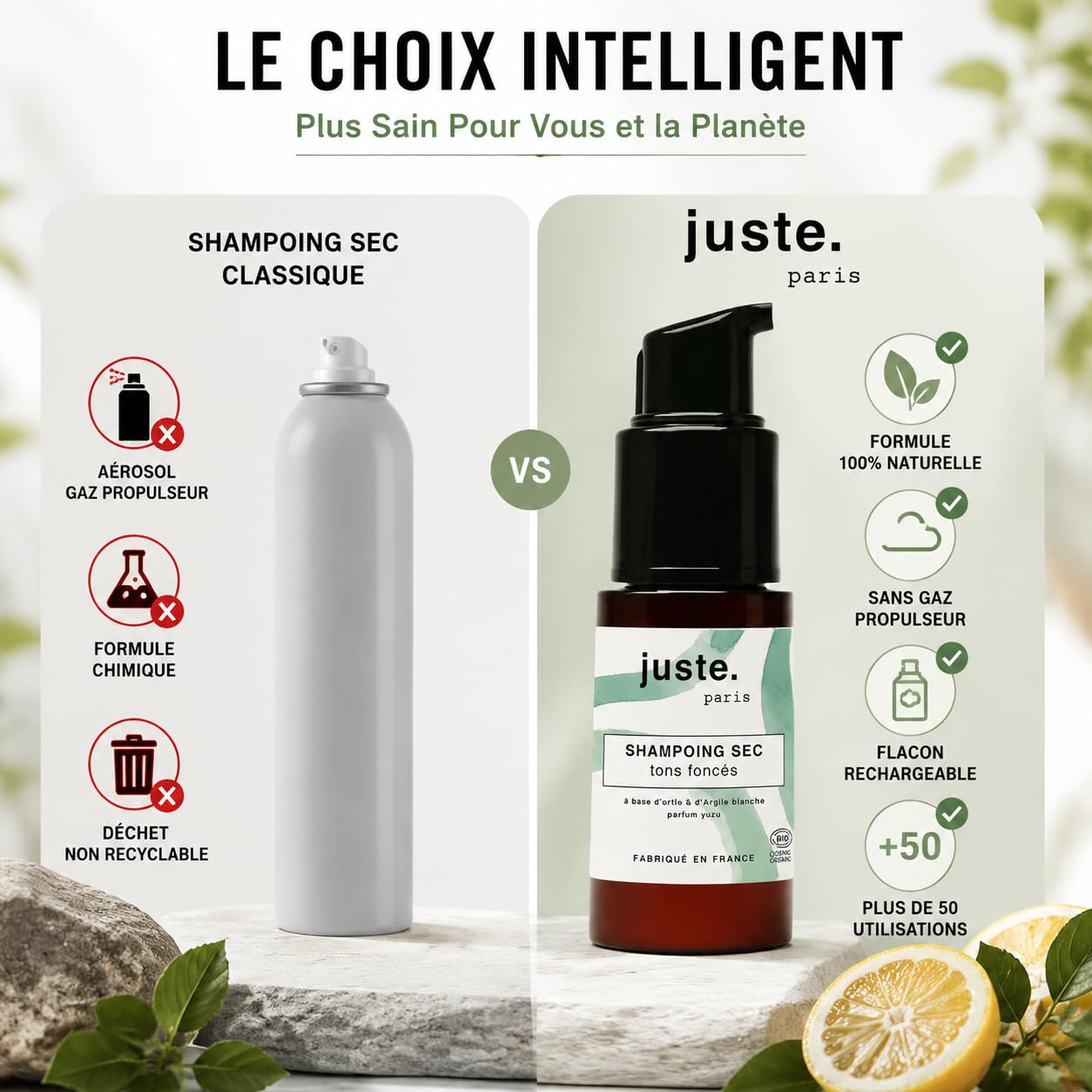 Paquete de champú seco en polvo orgánico oscuro + recargas, 100 usos en total, absorbe el sebo, reda volumen y frescura – Fórmula natural sin aerosol – Perfume Yuzu