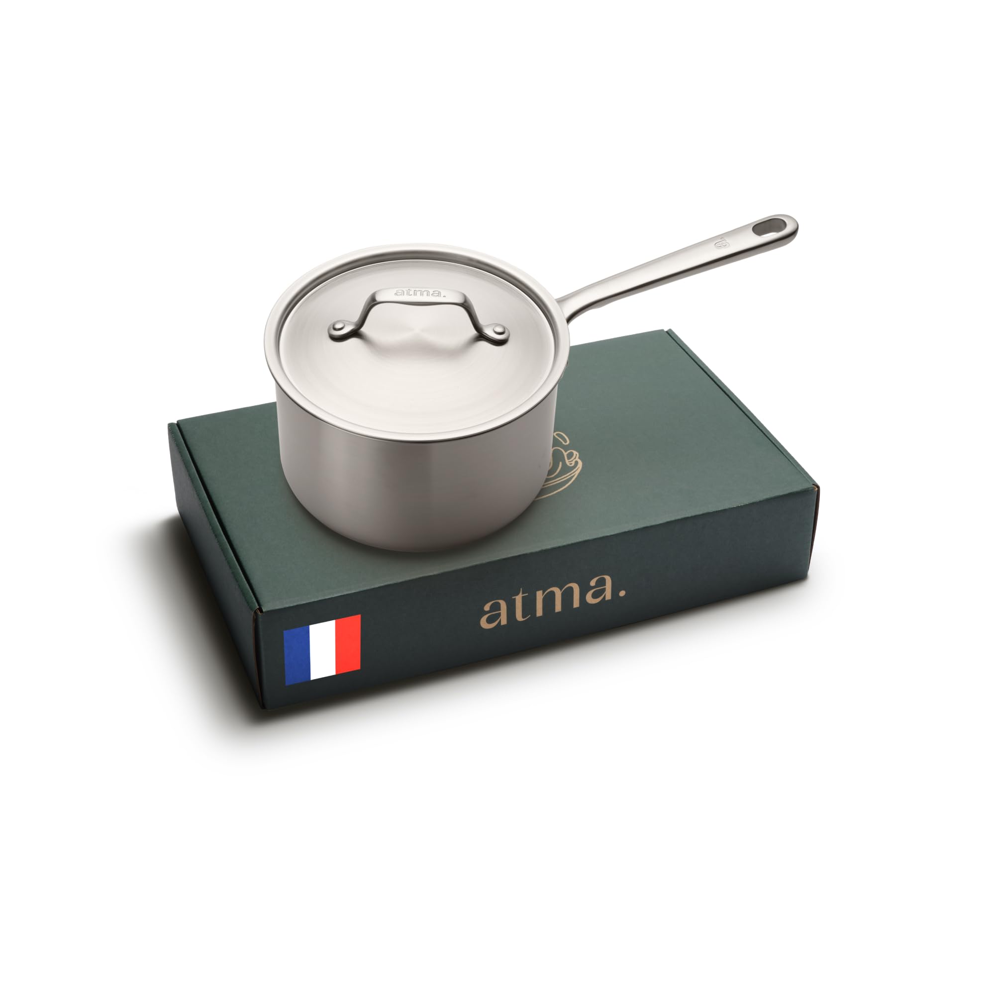 Atma – Casserole Inox 3 Plis 18 cm avec Couvercle – Cuisson Homogène – Sans PFAS, PFOA, PTFE – Graduation Intérieure, Bords Verseurs – Tous Feux dont Induction – Fabriquée en France – Garantie à Vie