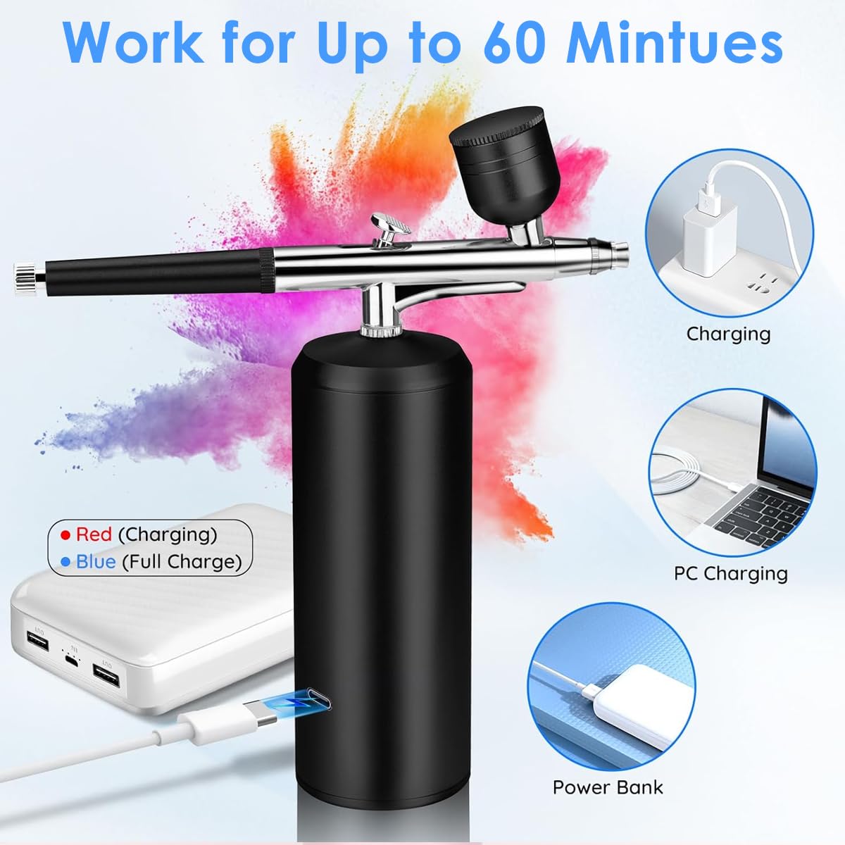 HANNEA® Airbrush Kit Rechargeable LCD Air brush Spray Gun with 3 Pressure Level 0.3mm Nozzle Air Brush for Painting & Airbrush Makeup Machine for Barber, Nail Art, Cake Decor, Model Painting(Black) 1