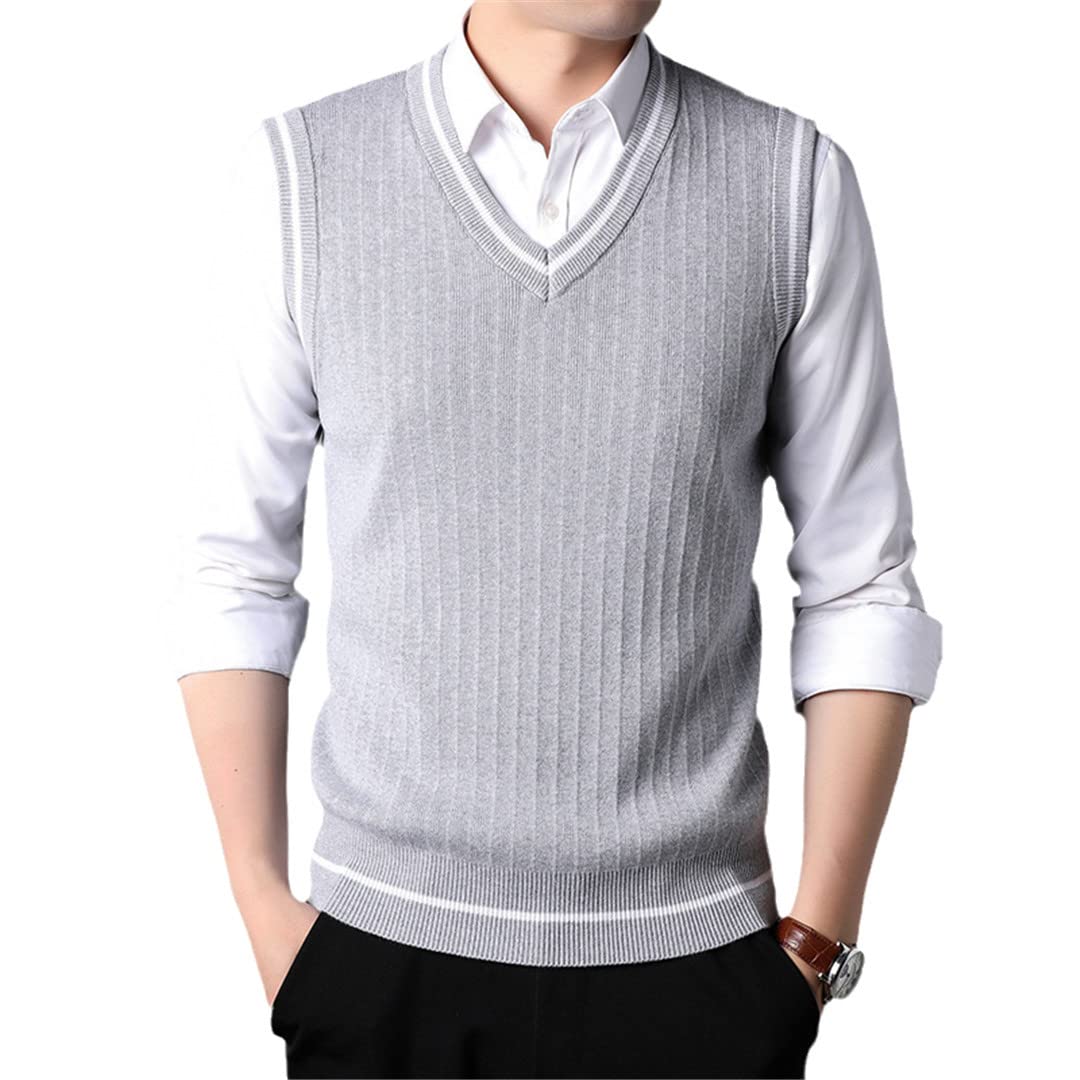 Chaleco de Hombre Otoño Invierno Slim Fit Punto Cuello en V Suéter Chaleco Hombres Chaleco sin Mangas de Lana Casual Light Gray L