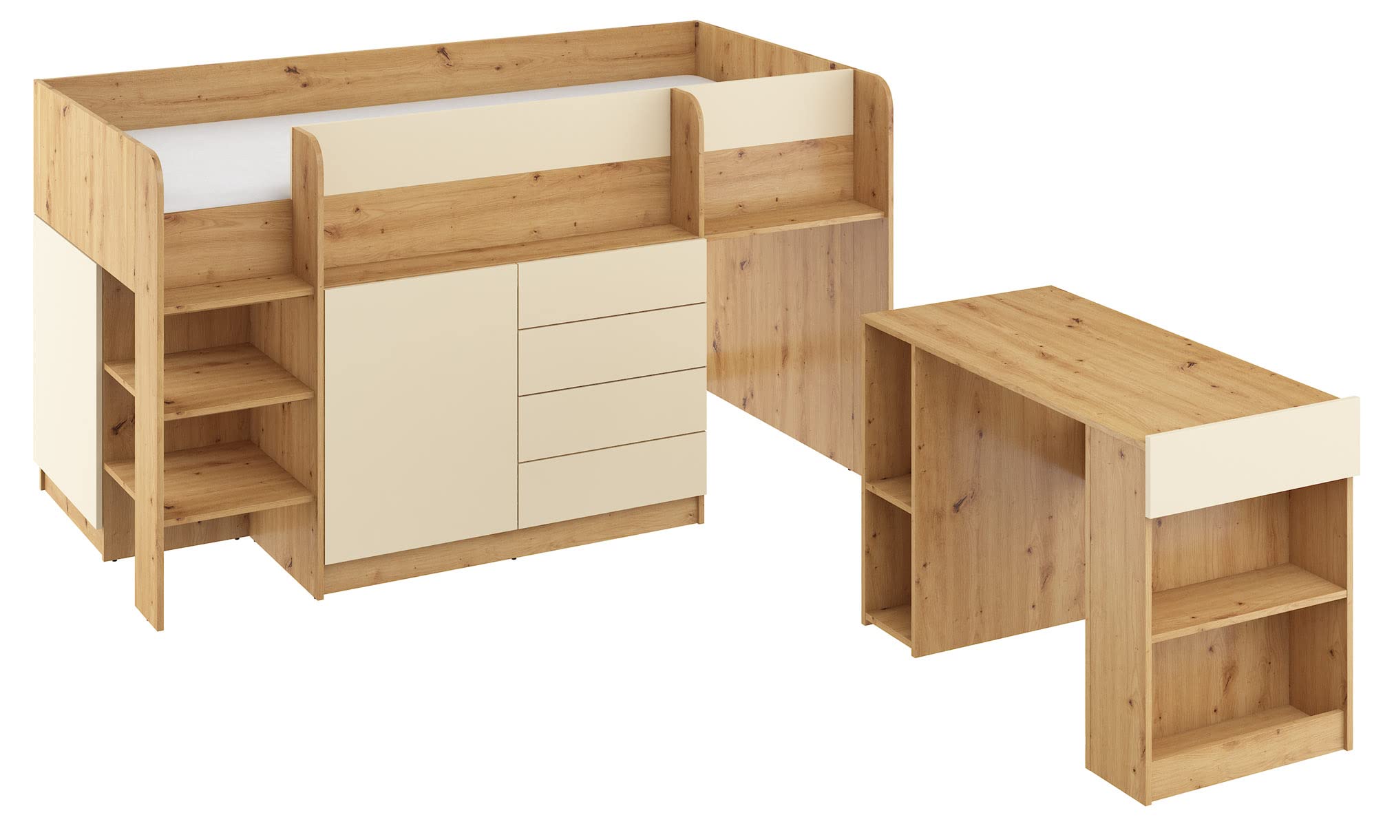 BIM Furniture Lit superposé Smile L - Meubles pour enfant - Ensemble de meubles pour une chambre d'enfant - Un lit avec bureau, étagères, tiroirs : côté gauche (chêne artisanal/crème)