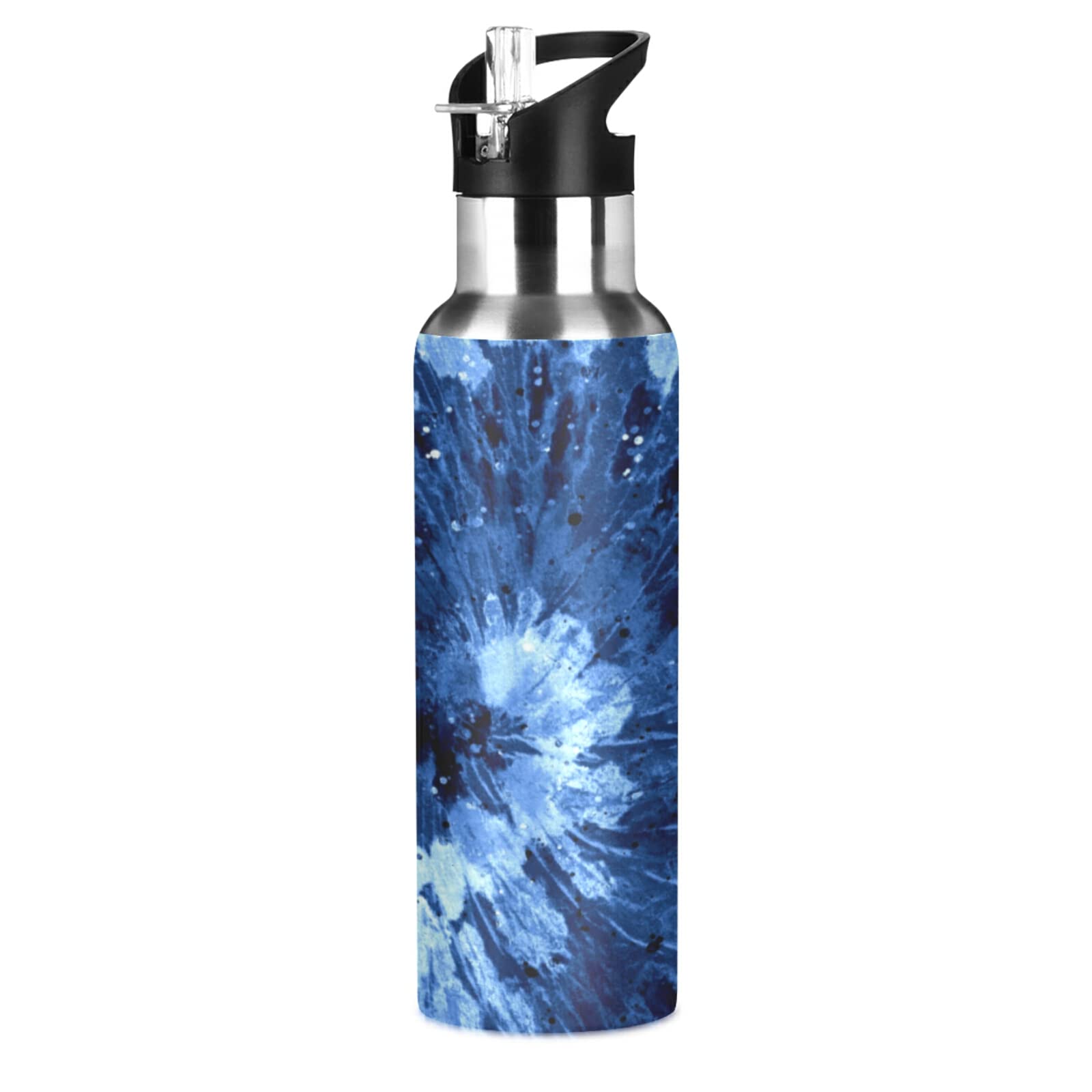 Hippie Blue Indigo Tie Dye Print Ink Batik Boho Water Bottle Drink Flask with Straw Lid Insulated Stainless Steel Thermos Bottle for Boys Girls Gym Sports Leakproof 600 ml