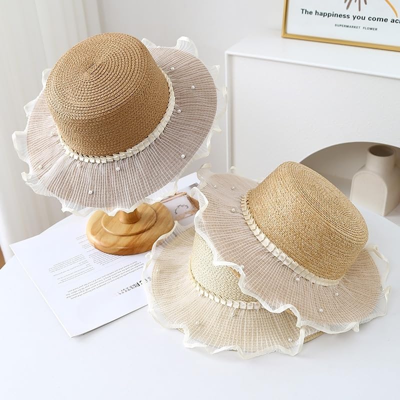 Sombrero de Paja de ala Ancha Ajustable para Mujer,con Visera y Encaje de Perla,Protección UV,Cómodo y Transpirable, Playa y Actividades Al Aire Libre