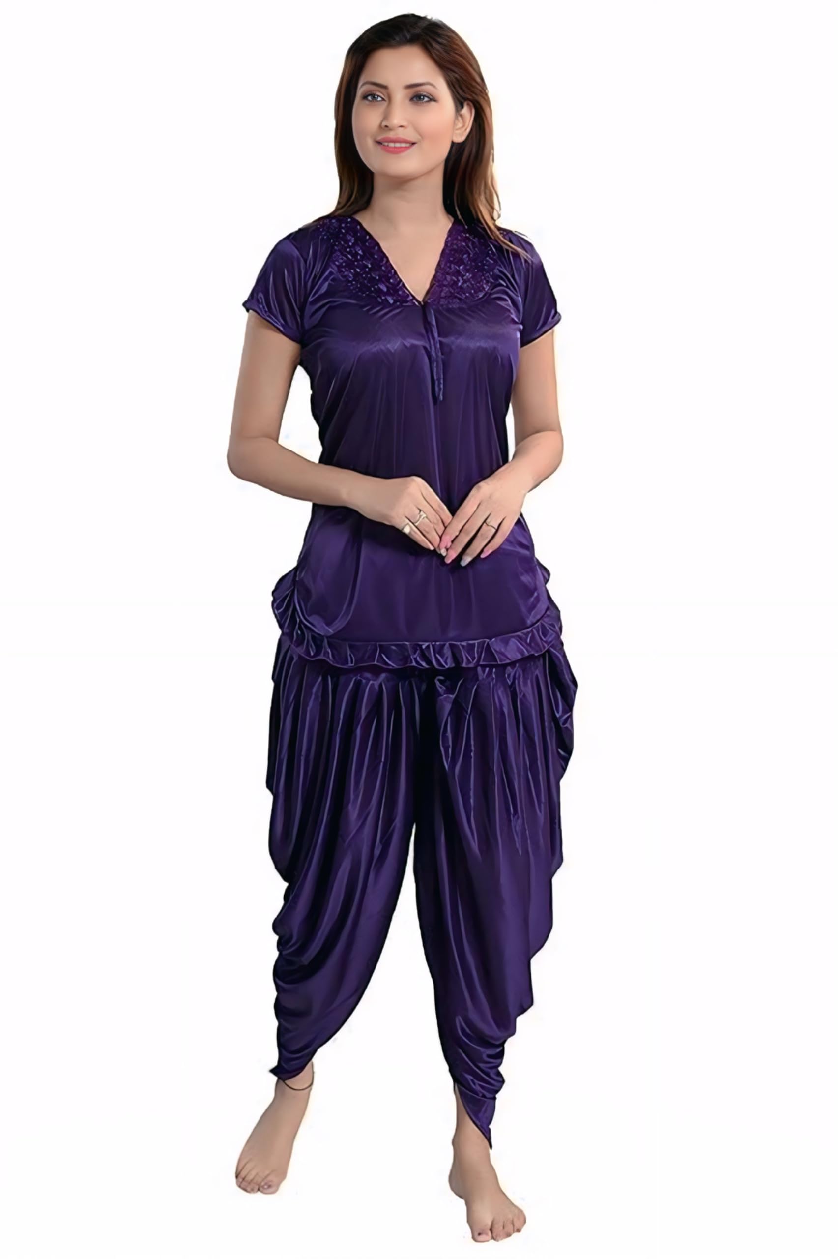 Women's Satin Night Suit, Purple V-Neck Top with Dhoti Style Bottom, Lace Detail-picture-26