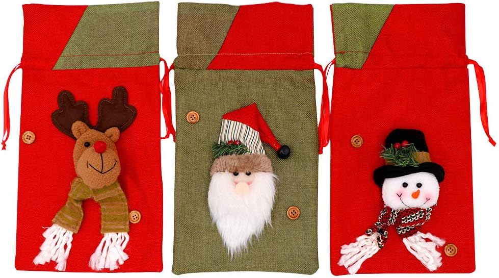 OurWarm Christmas Gift Bags Bulk, 3 Pcs Drawstring Gift Bags Large with 3D Santa Claus Snowman Reindeer, Reusable Christmas Treat Bags Goody Bags Burlap Sack for Xmas Party Supplies(15 X 8 Inches)