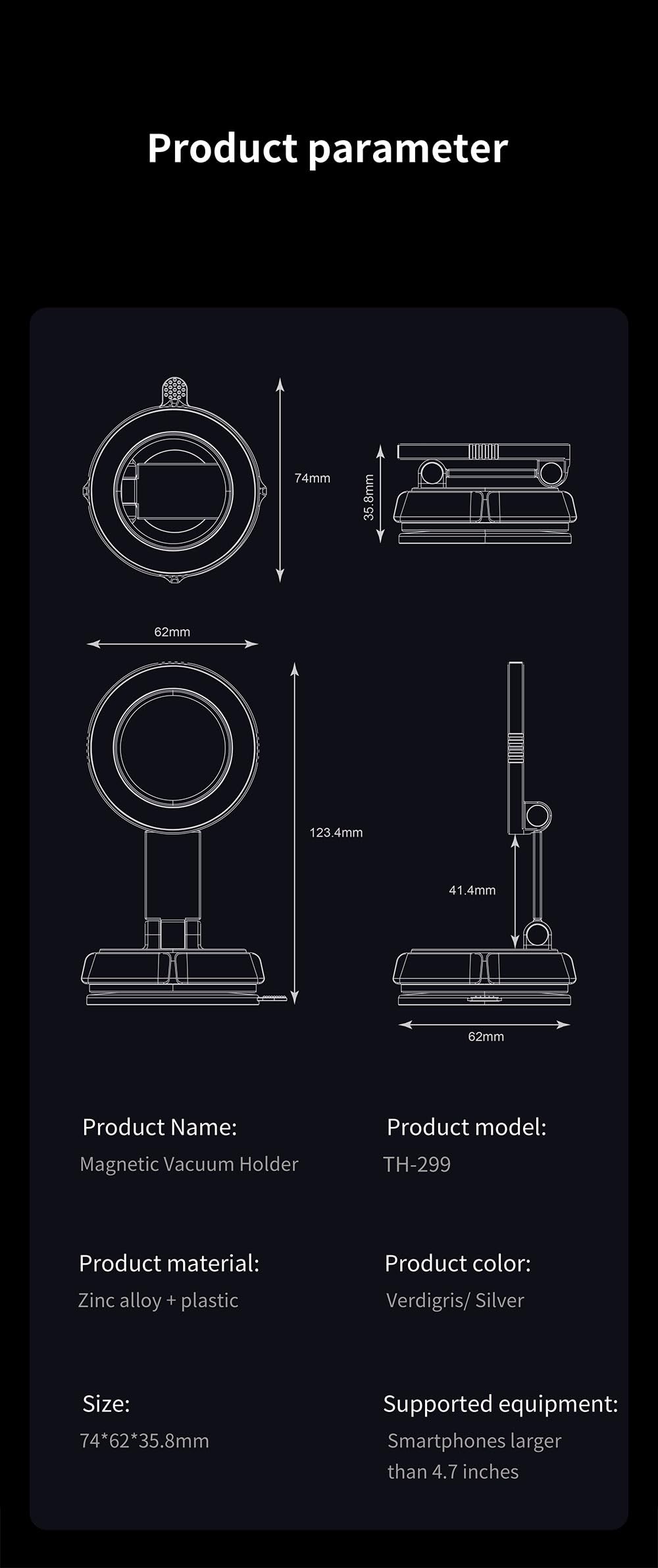 Vacuum Magnetic Phone Holder for Car,Suction Cup Phone Mount,Foldable Vacuum Magnetic Phones Stand,Magnet Car Mount for All Smartphones & All Vehicle 1