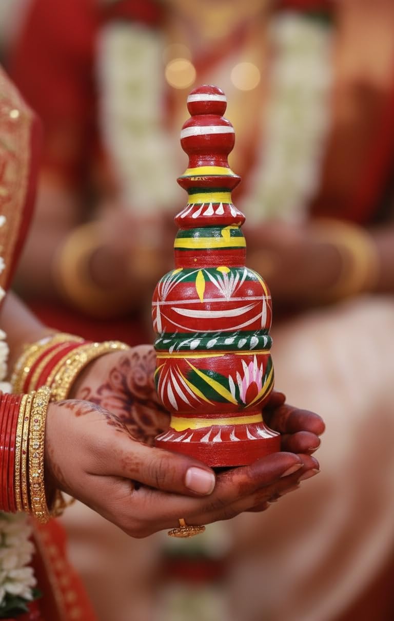Gachkouto Sindoor Box for Bengali Wedding and Pooja, Red and Green Hand-Painted Design, 6 Inches Height-picture-32