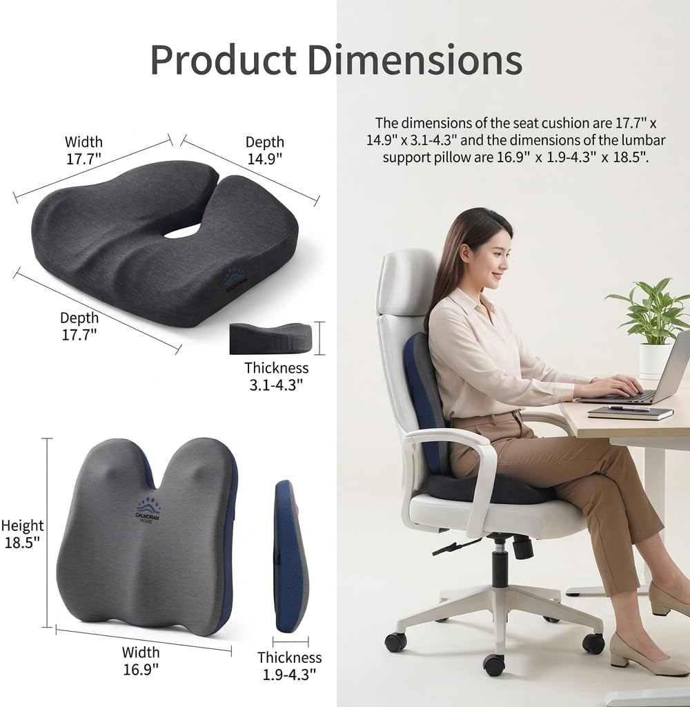 Seat Cushion Lumbar Support Pillow Set with Adjustable Strap | Memory Foam Office Chair Cushion for Back Support, Ergonomic Car Seat Cushion for Office Chair, Wheelchair, Home