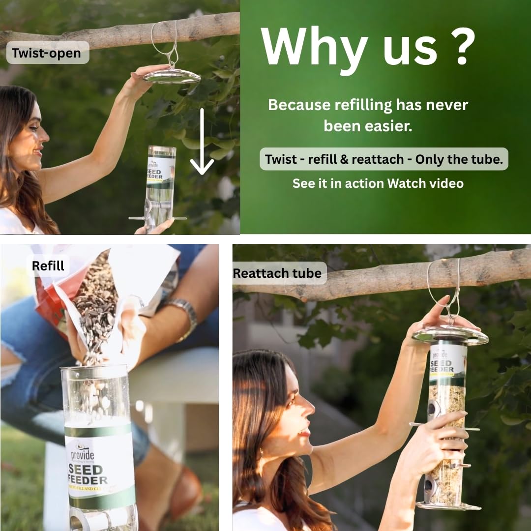 PROVIDE Comedero grande de acero inoxidable para pájaros, fácil de limpiar, comederos para pájaros pequeños, comederos para pájaros silvestres fáciles de abrir. Comedero colgante para semillas,