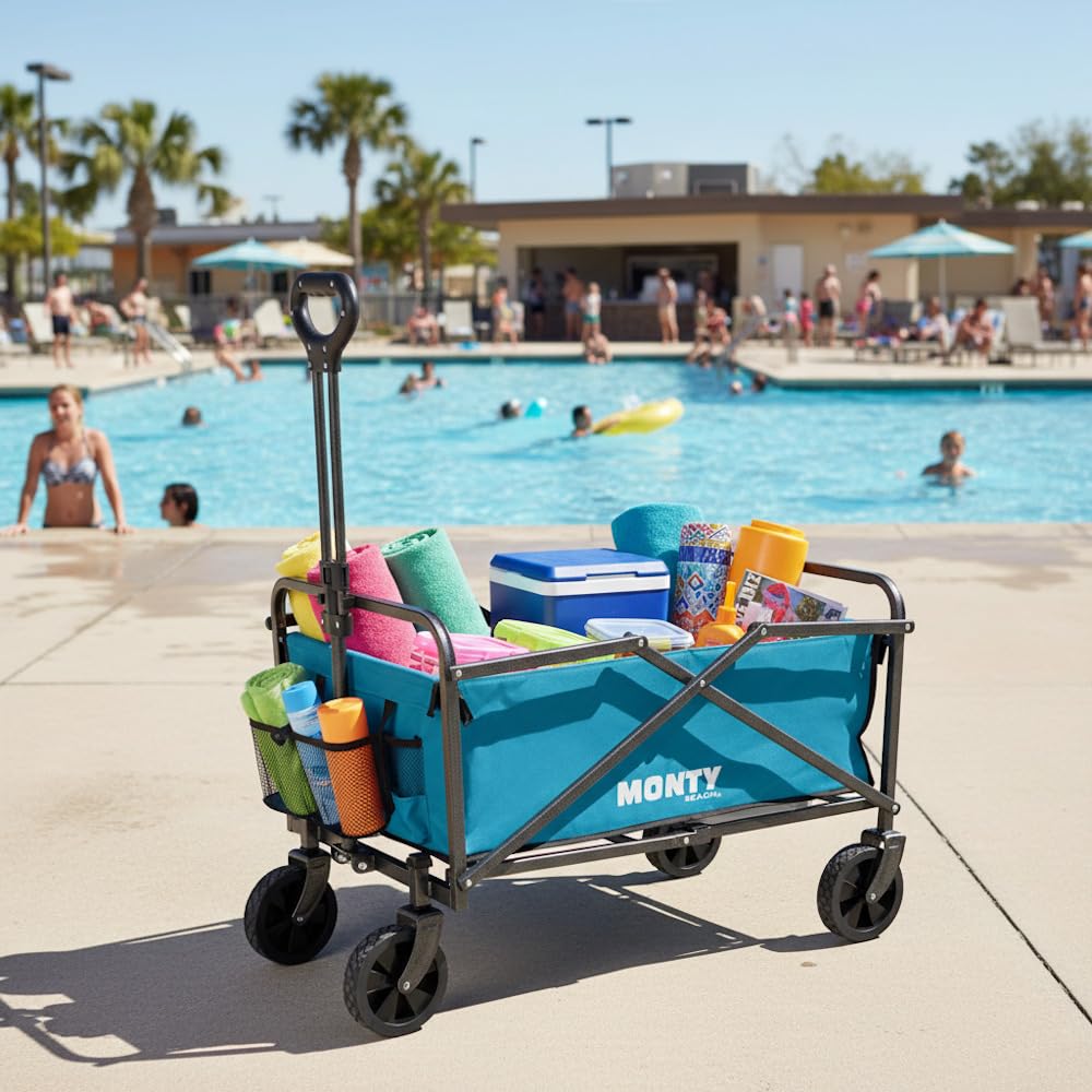 MONTY Carretilla Trolley Plegable Azul | 55 litros, 60 Kg | Estructura Acero con Pintura Anticorrosión, Mango Telescópico y Ruedas Giratorias Todoterreno | 2 Portabotellas