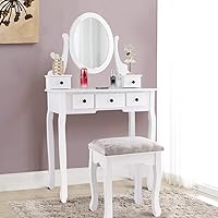 Vista 8 de Giantex - Juego de tocador para niñas con 5 cajones, mesa de maquillaje con taburete acolchado para dormitorio moderno, escritorio de tocador blanco
