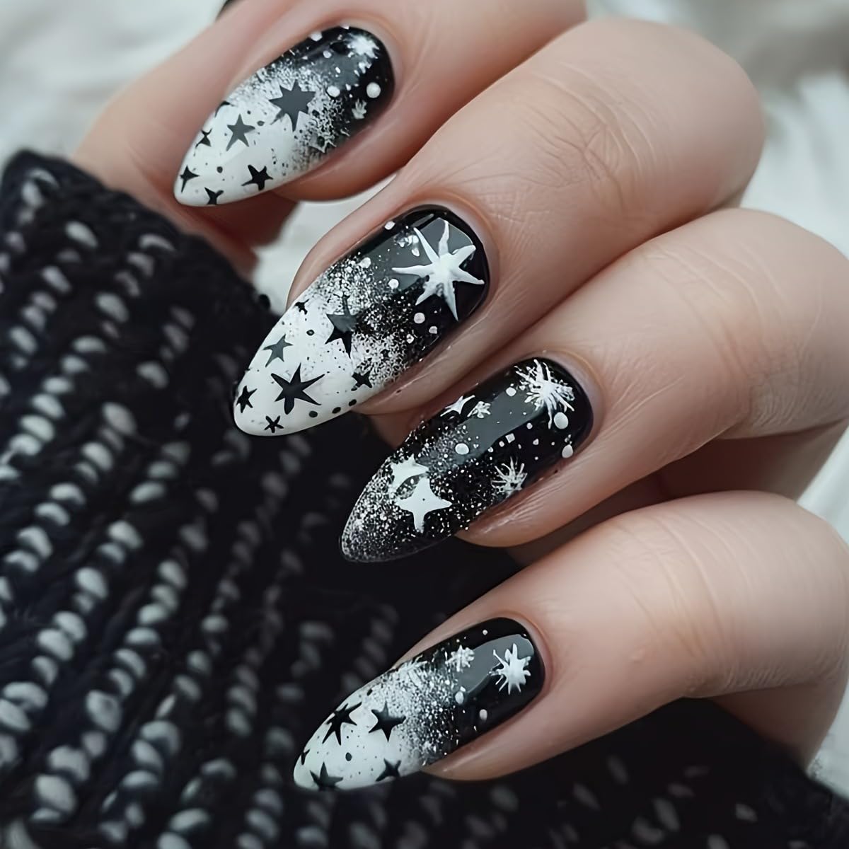 Short Press on Nails Black and White Acrylic Almond Shape