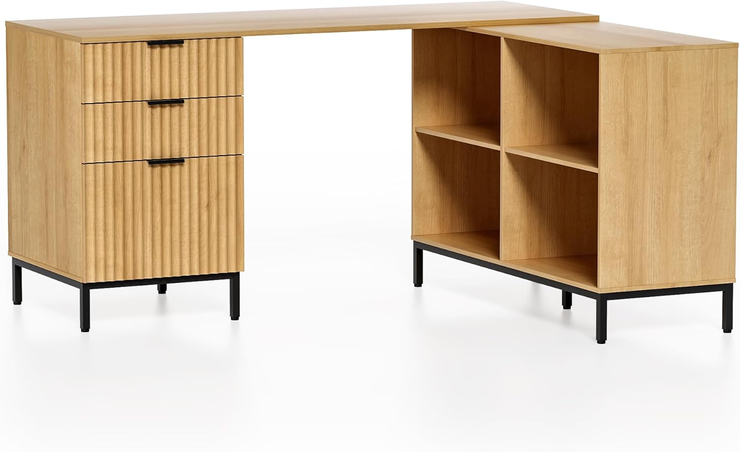 60" L Shaped Fluted Desk, Computer Desk with Movable Storage Cabinet Home Office Desk with 3 Drawers Metal Legs Corner Desk for Gaming Study, Natural Oak