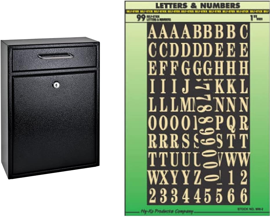 Mail Boss 7412 High Security Steel Locking Wall Mounted Mailbox-Office Comment Letter Deposit, Black Drop Box & Hy-Ko Products MM-2 Self Adhesive Vinyl Numbers and Letters 1" High