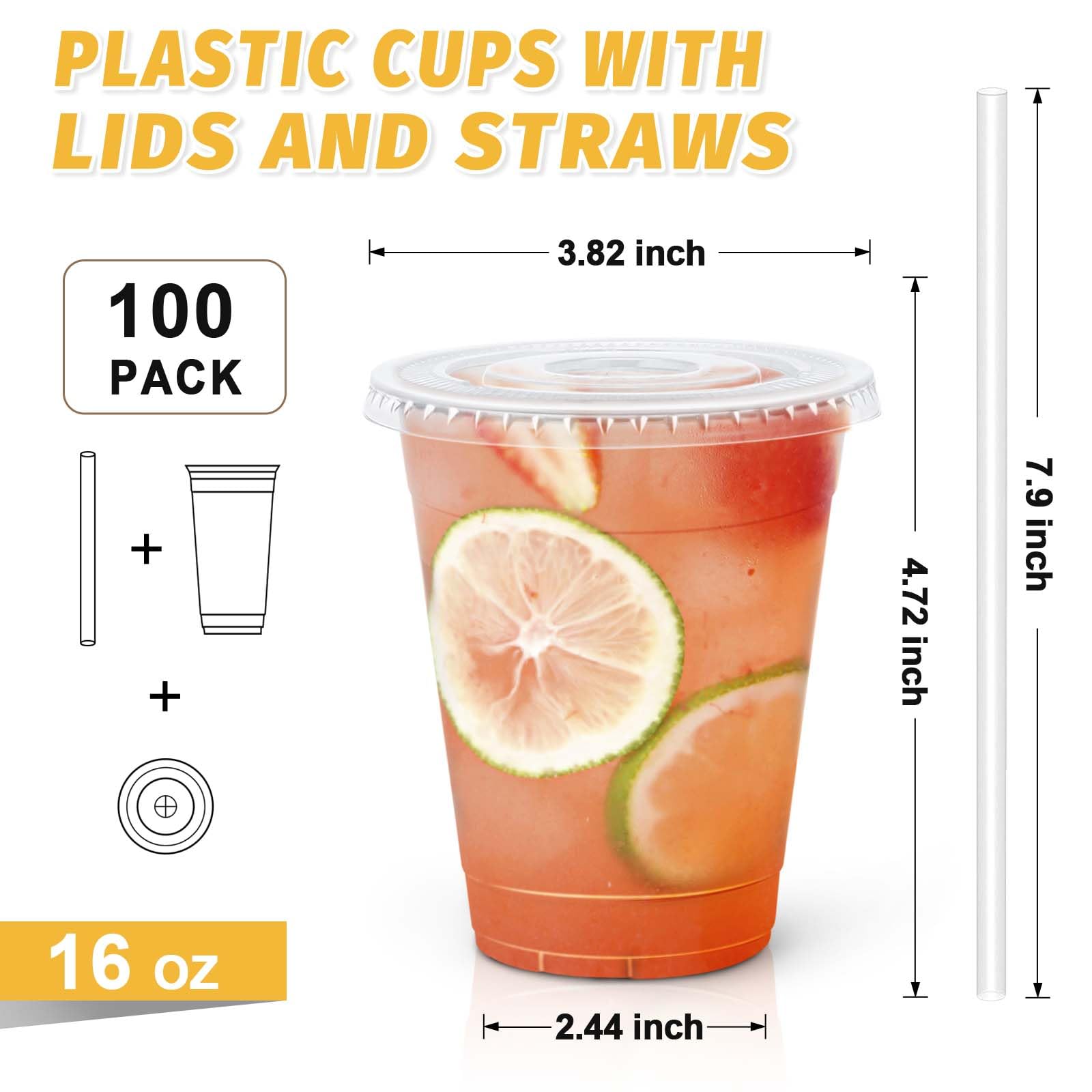 Clawsoff 100 Pack 16 oz Disposable Clear Plastic Cups with Lids and Straws — Amazon image 2