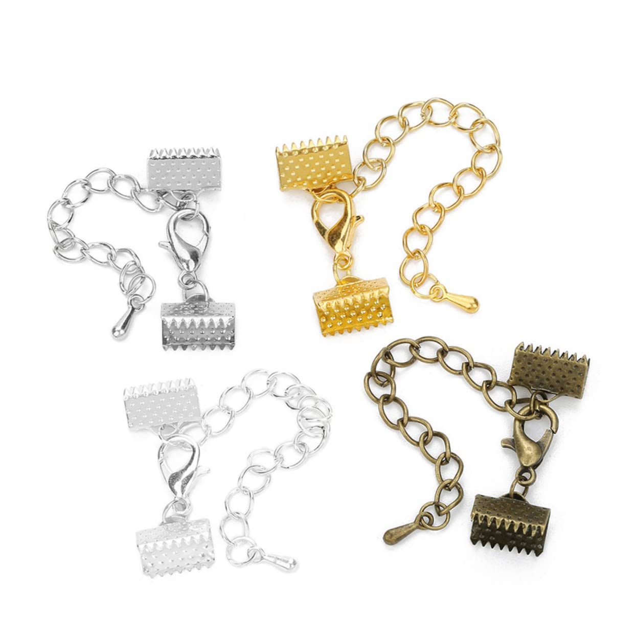 PHENOFICE 10mm Plated Ribbon Ends Fastener Clasps for DIY Craft Textured Crimp End Clamps 5cm Chain and 12mm Lobster Buckle