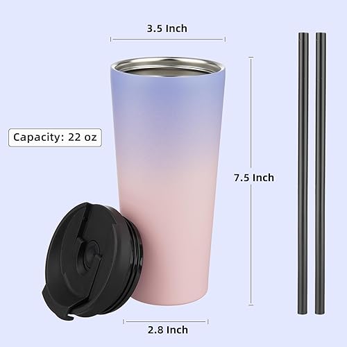 Miniatura 2 de Vaso aislado de 22 onzas con tapa y 2 pajillas, botella de agua de acero inoxidable, taza de viaje al vacío, taza de café, puesta de sol pastel