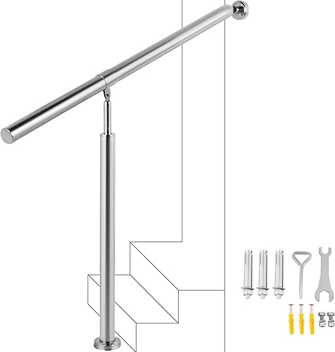 Happybuy Barandilla de escalera de acero inoxidable 304 de 1 a 2 escalones para interiores y exteriores, barandillas de metal ajustables para