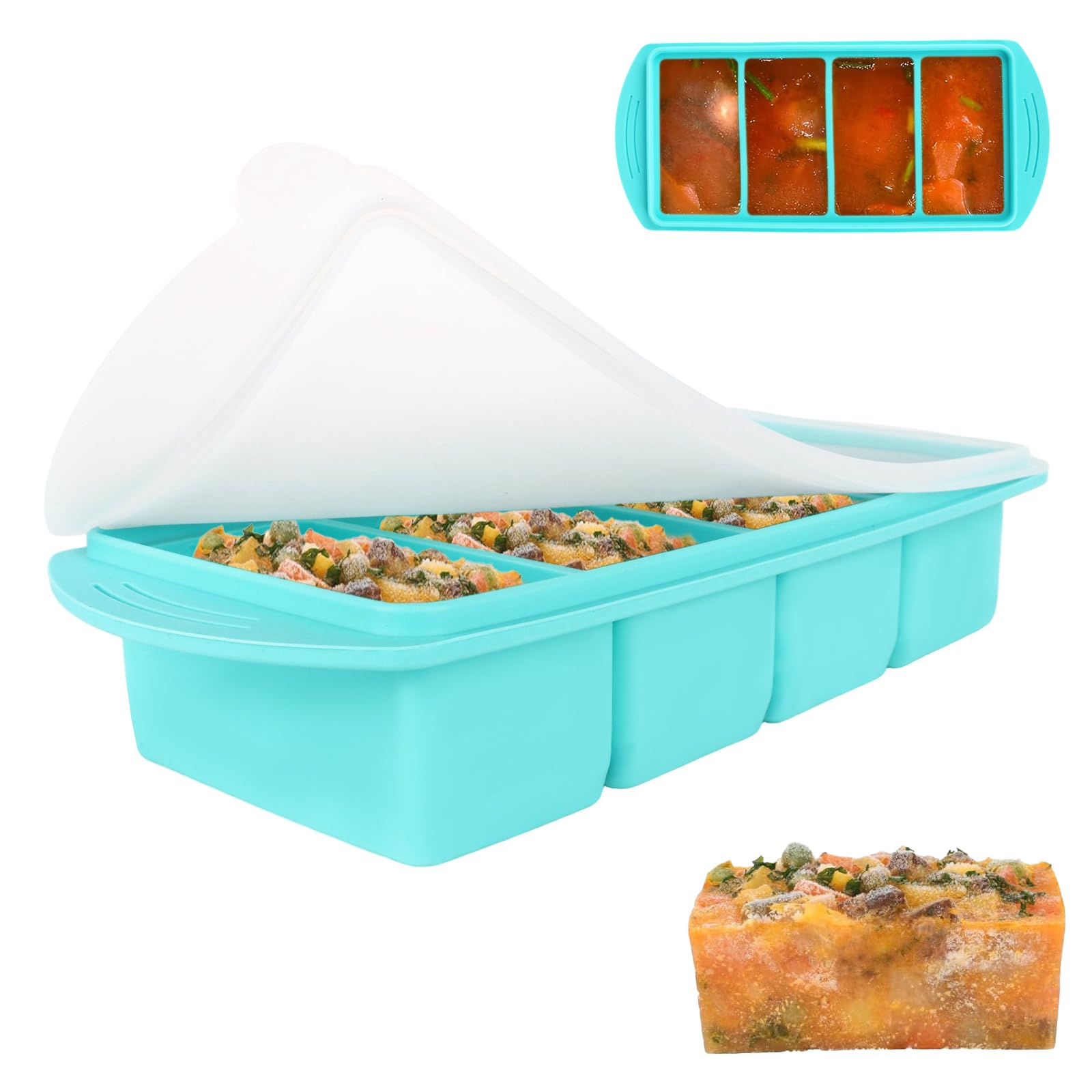 Lotvic 1 Pack Soup Cube Silicone Freezer Tray, 1000ML Freezer Containers with Lid, 4-Compartment, Makes 4 1-Cup Portions Cubes, Freezer Tray for Meal Prep, Soup, Sauce (1 Pack, Blue)