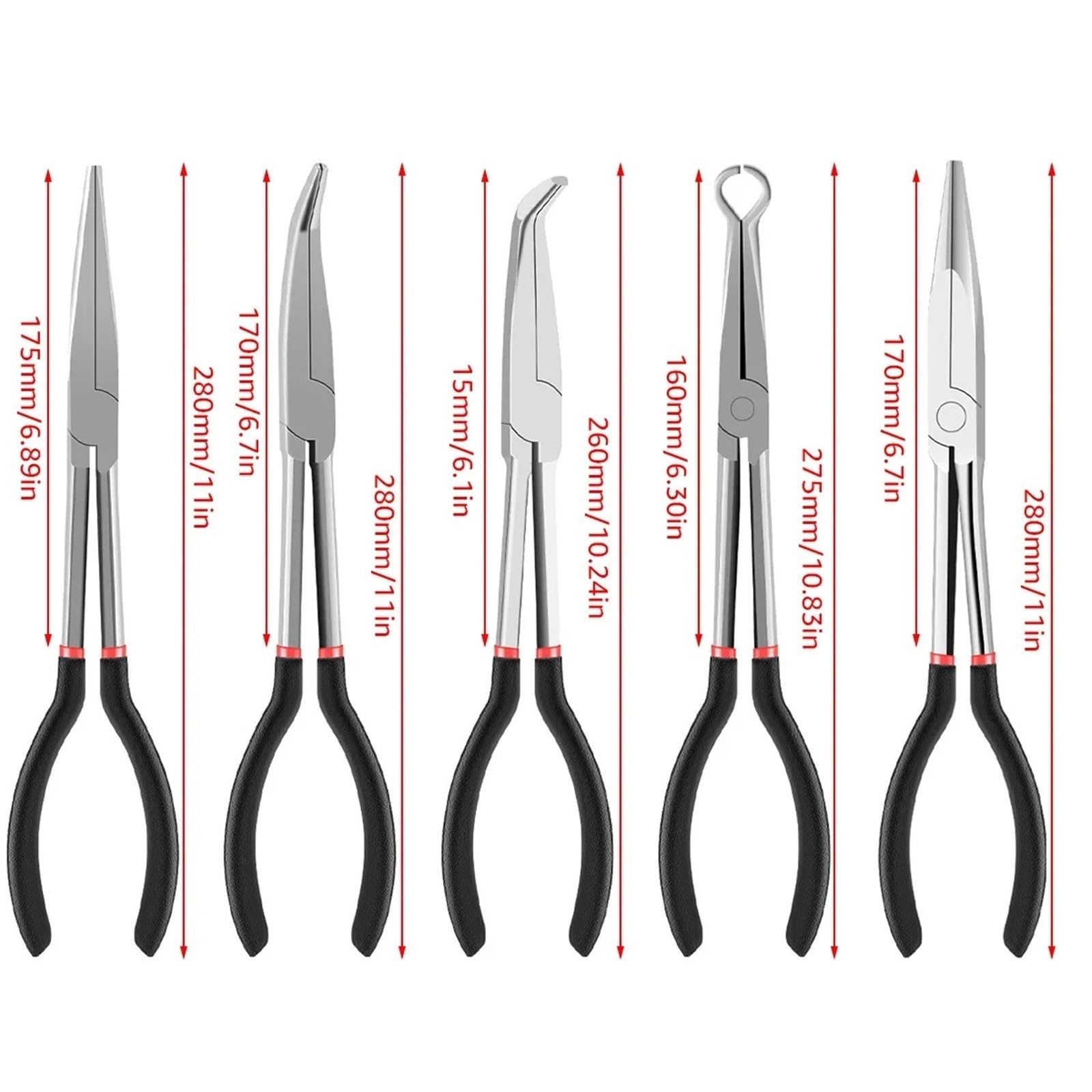 Set Di Pinze Pinze a becchi ad ago 3/5 pezzi Set pinze a curvi 25 °/45 °/90 ° diritte a portata lunga da 11 pollici tonde a forma di O