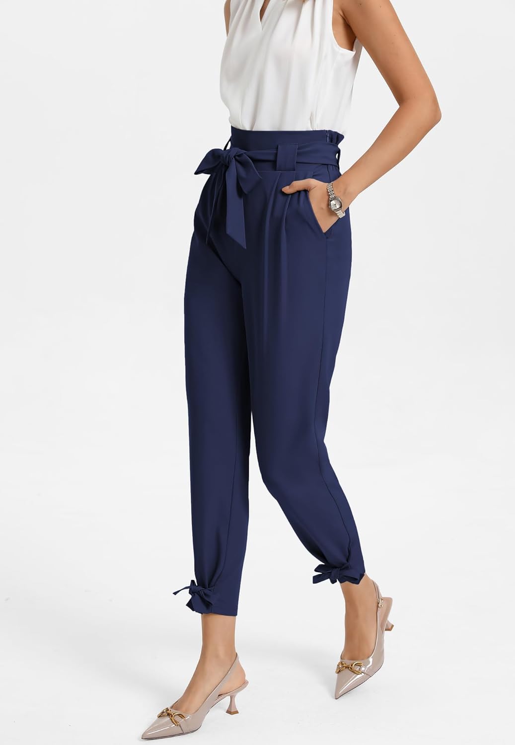 GRACE KARIN Womens Casual High Waist Pencil Pants with Pockets Bow-Knot Cropped Paper Bag Pants for Work - Image 3