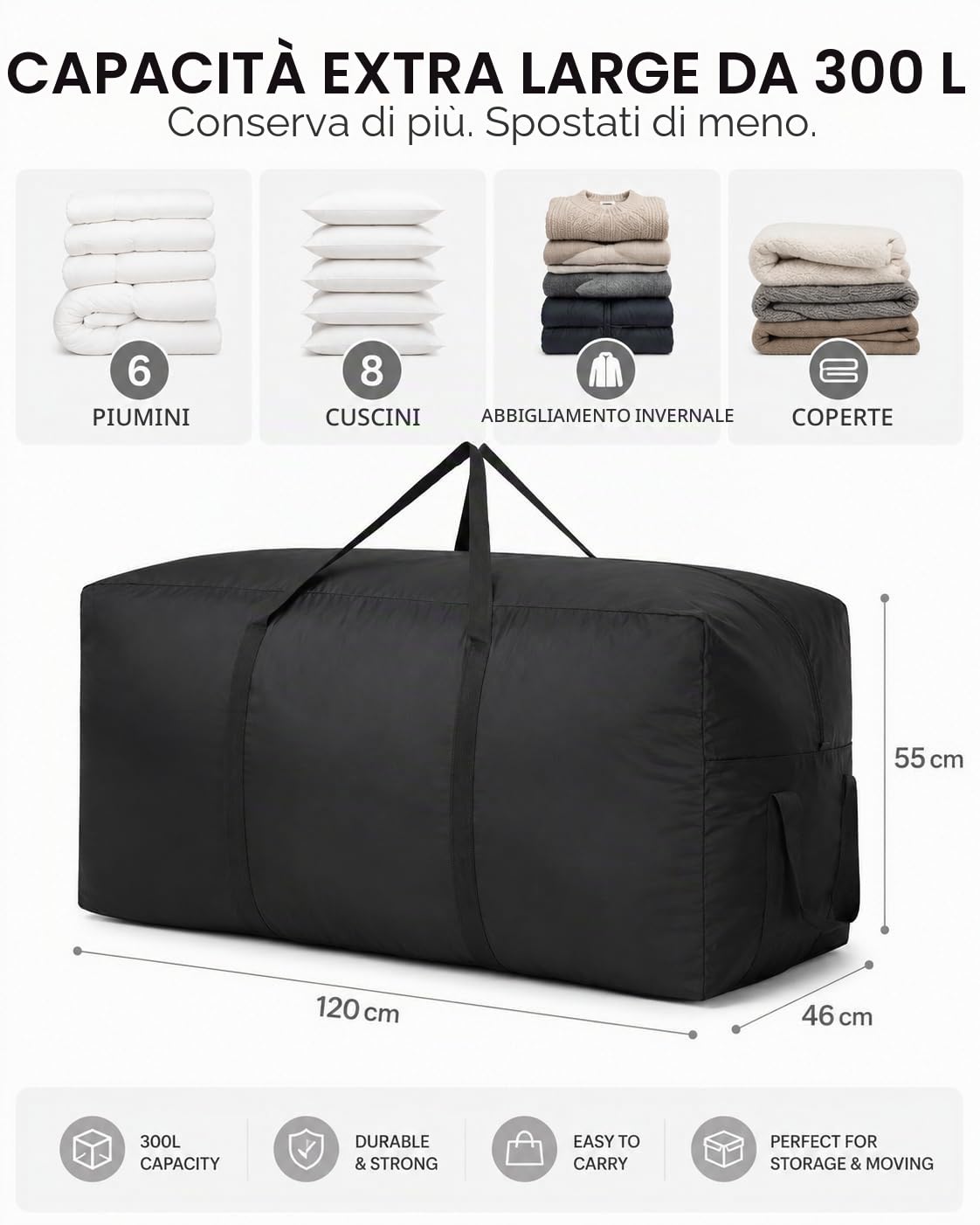 Borsa da 300 l, extra grande, Oxford 600D, resistente, con manici rinforzati per biancheria da letto, coperte, alberi di Natale, cuscini da giardino
