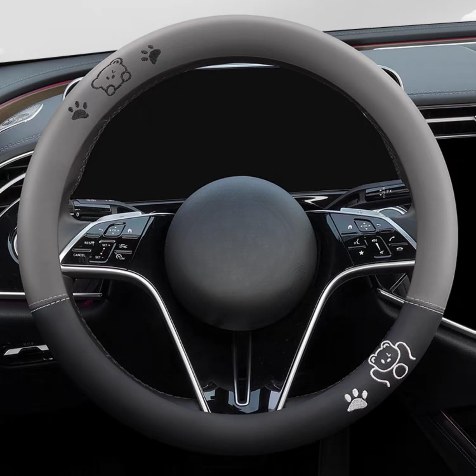 15 Inches Universal Round Leather Car Steering Wheel Cover, Cute Bear Soft Breathable Non-Slip Steering Wheel Protector Wrap (Grey)