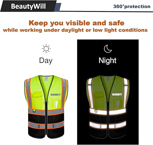 Miniatura 3 de BeautyWill Chalecos de seguridad de malla amarilla resistente con 5 bolsillos y cremallera frontal SMLXLXXL3XL4XL