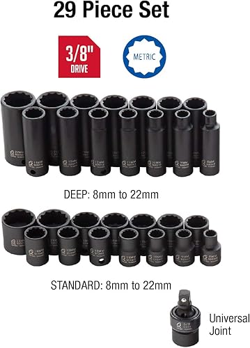 Miniatura 3 de Sunex 3330, Juego de llaves de impacto maestro de 3/8 pulgadas, 12 Pt., 29 piezas, métricas, 0.315 in-0.866 in & 1848, juego de llaves de impacto