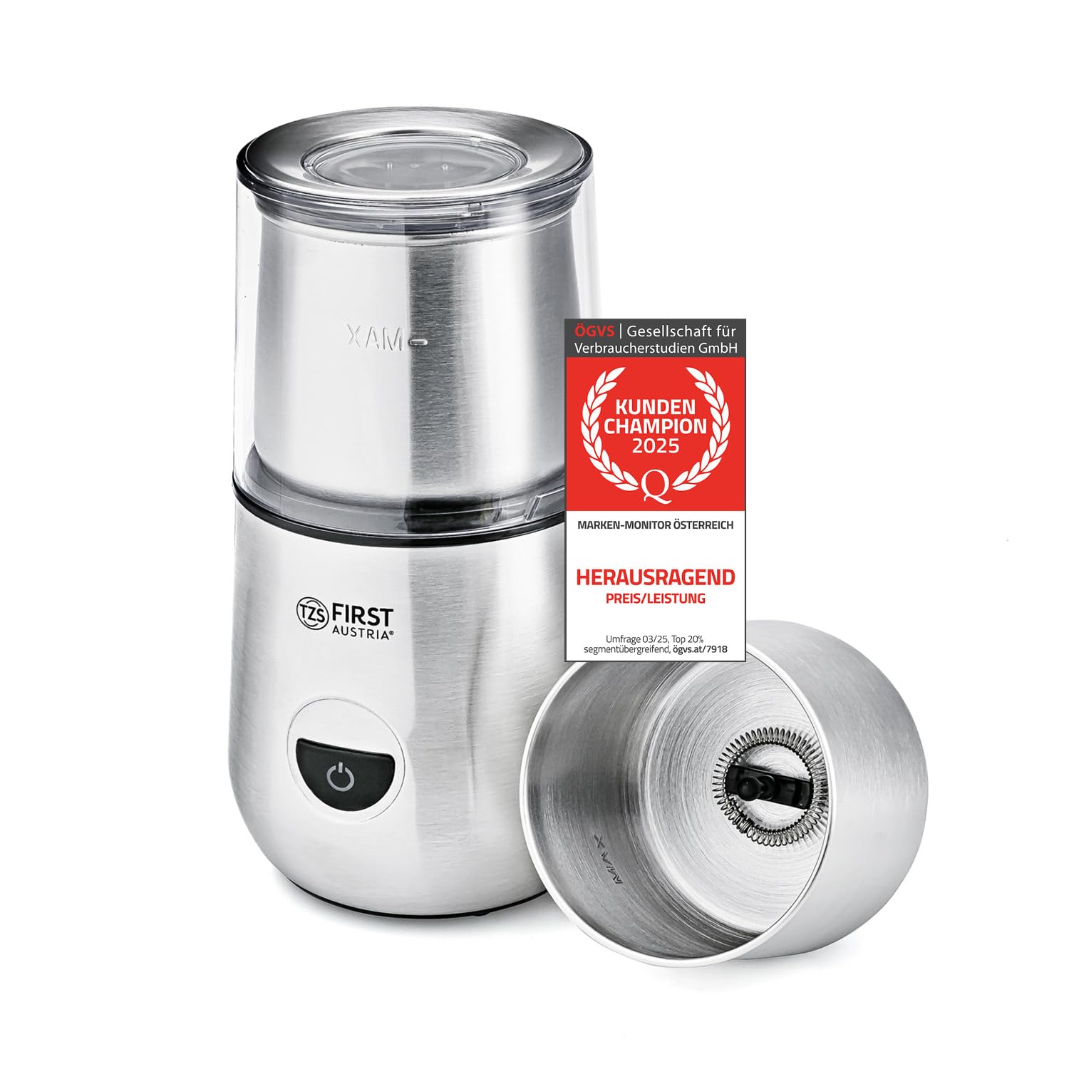 TZS First Austria - 2-in-1 Elektrische Kaffeemühle & Milchaufschäumer - 200W - 2 Edelstahlschalen 50g/100ml - 2 Geschwindigkeitsstufen - Für Kaffeebohnen, Gewürzen & Nüssen - Silber