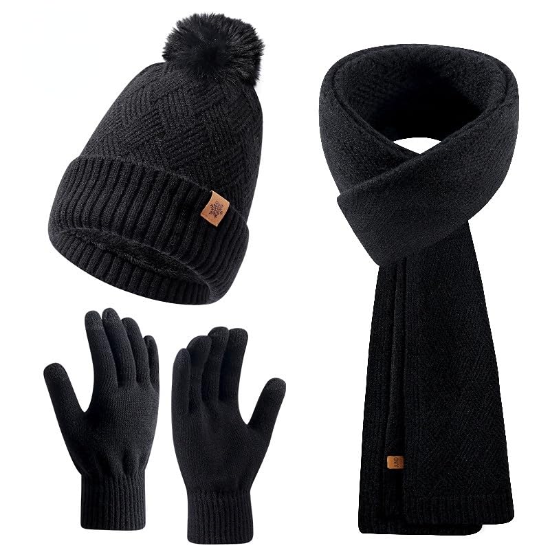 Womens Winter Beanie Scarf Gloves Set, Pom Pom Hat with Warm Fleece Lined Long Knit Scarf Touchscreen Gloves for Cold Weather