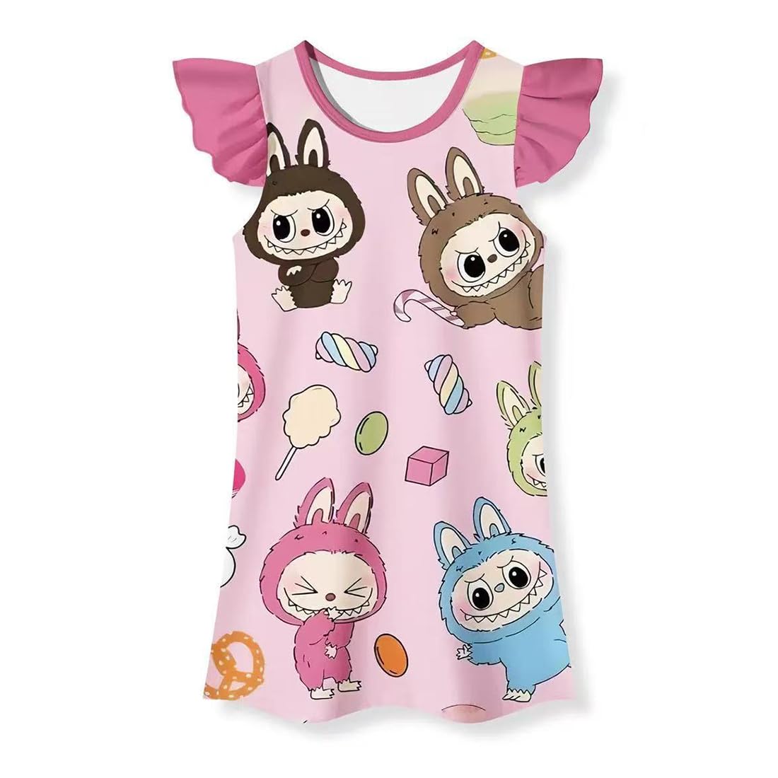 Girls Cute Cartoon Gown Dress Flutter Sleeves Kids Round Neck Party Wear Oufits