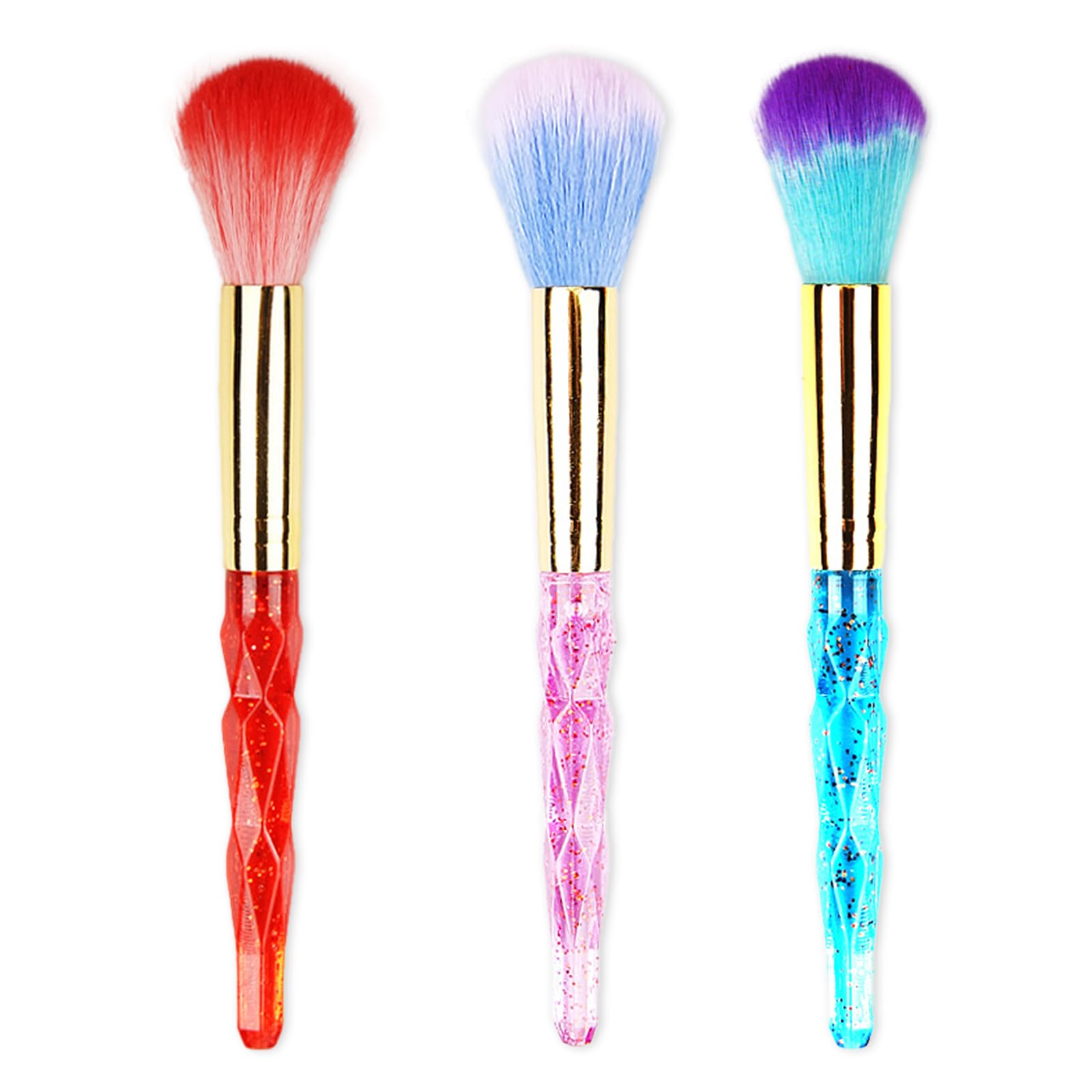 Lot de 3 pinceaux pour nail art - Pinceaux de dépoussiérage doux pour ongles acryliques - Pinceaux de maquillage en poudre - Outils de nettoyage des ongles (rose/bleu/rouge)