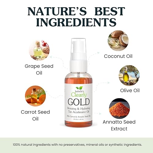 Miniatura 5 de Isabella's Clearly GOLD, Aceite de bronceado 100% natural con bronceador  Aceite corporal hidratante para un brillo de bronce saludable con oliva,