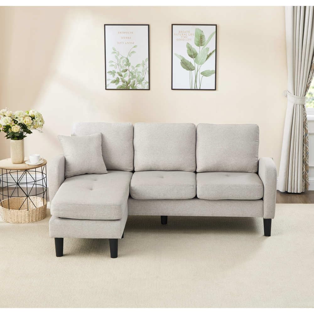 Sofá esquinero con chaise longue intercambiables, sofá de 2 a 3 plazas con 1 cojín, bolsillos laterales, sofá acolchado, patas para sillas de plástico, diseño modular, lino algodón, beige gris (166 x