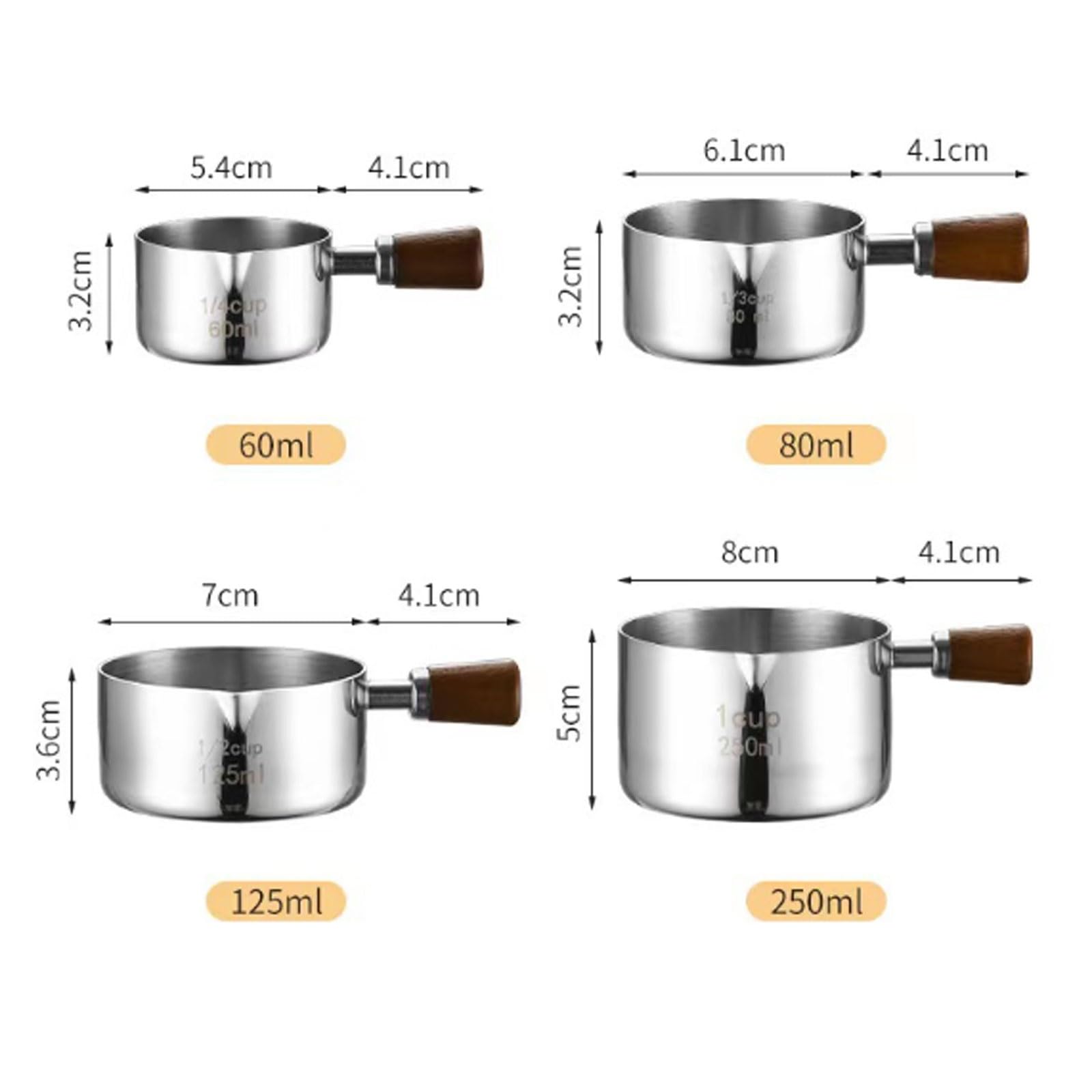 Juego de 4 tazas medidoras de acero inoxidable de 60 ml a 250 ml (SUS304) Jarras medidoras apilables for cocinar y hornear