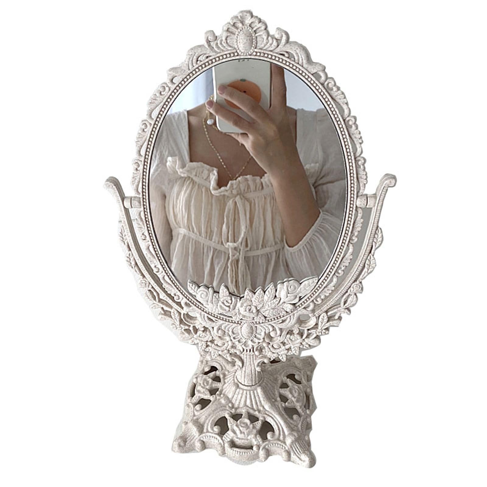 SDCFFC 7.9 * 13IN White Tabletop Retro Vanity Makeup Mirror, 360 Degree Rotation Makeup Mirror for Dresser Counter Display Birthday Gift