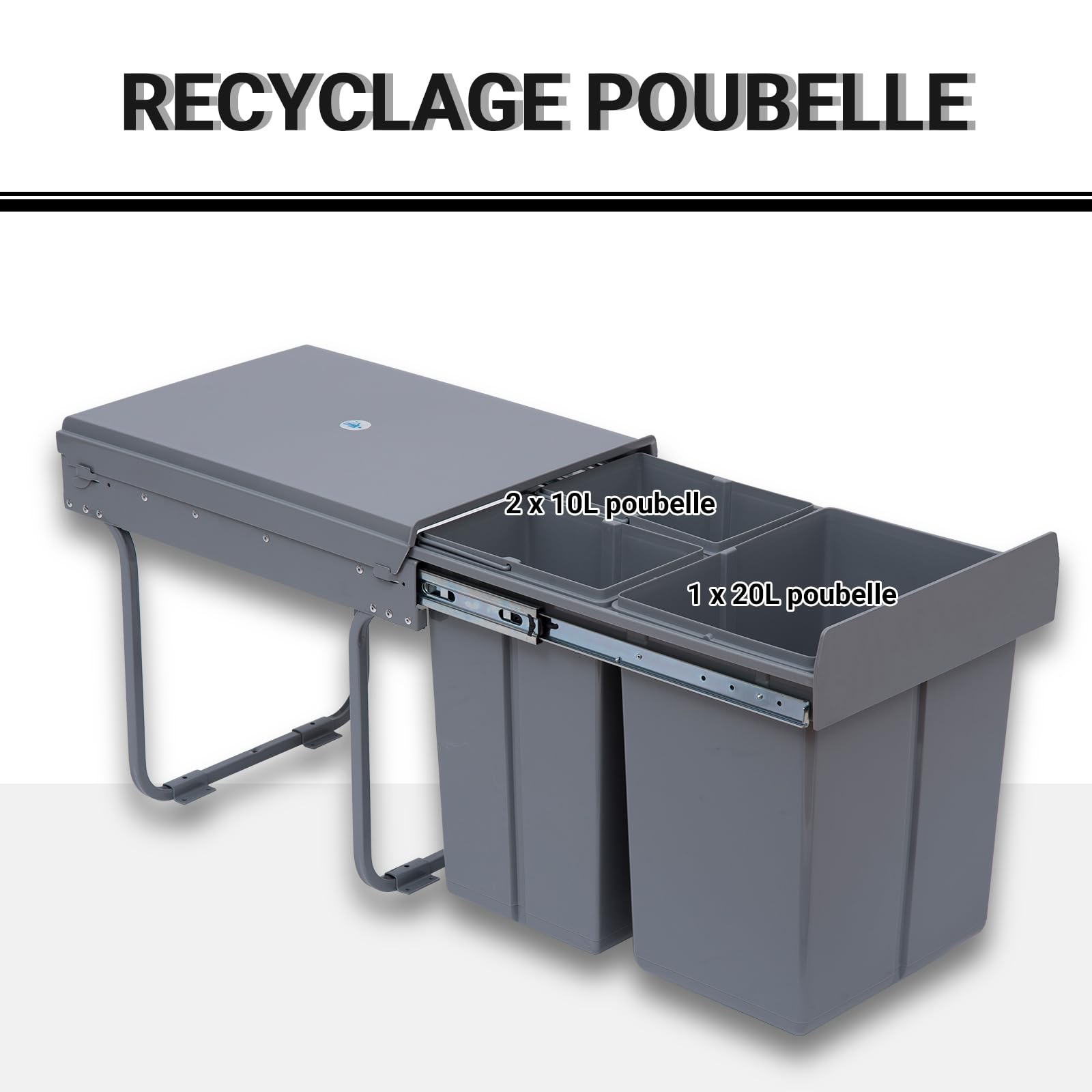 HOMCOM Poubelle cuisine coulissante encastrable 40L avec 3 bacs amovibles pour tri sélectif 2 x 10L et 1 x 20L - gris