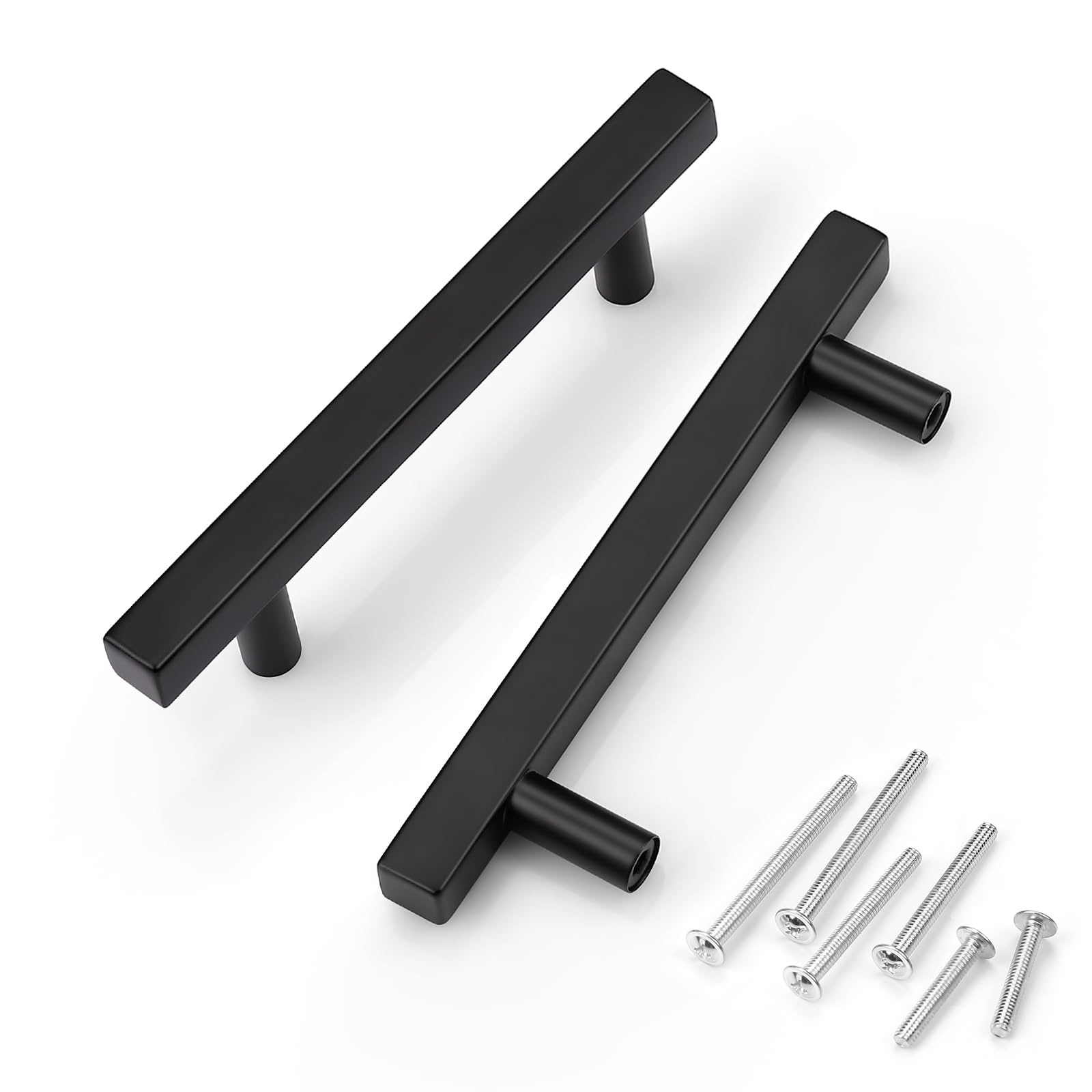 KNOBWELL 6 Pack 3-3/4" Black Cabinet Pulls Square, Black Stainless Steel Kitchen Cabinet Handles Drawer Pulls, Hole Spacing 3-3/4 inch, Overall Length